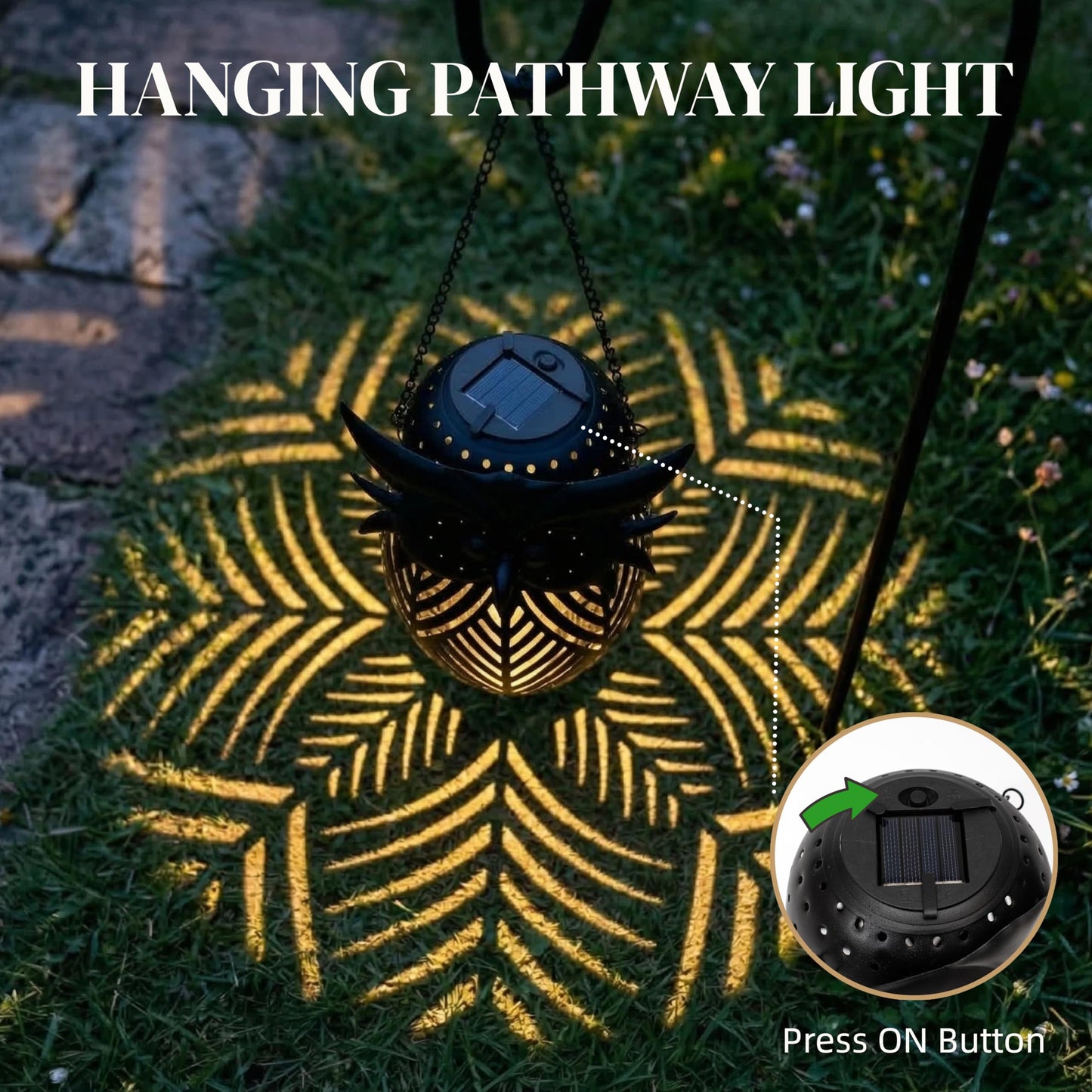 Hanging Owl Solar Lantern, Outdoor Waterproof Metal Solar Lights with Palm Leaf Shadow, Decorative Garden Lanterns for Yard Art Patio Decor, Whimsical Gifts for Women, Black