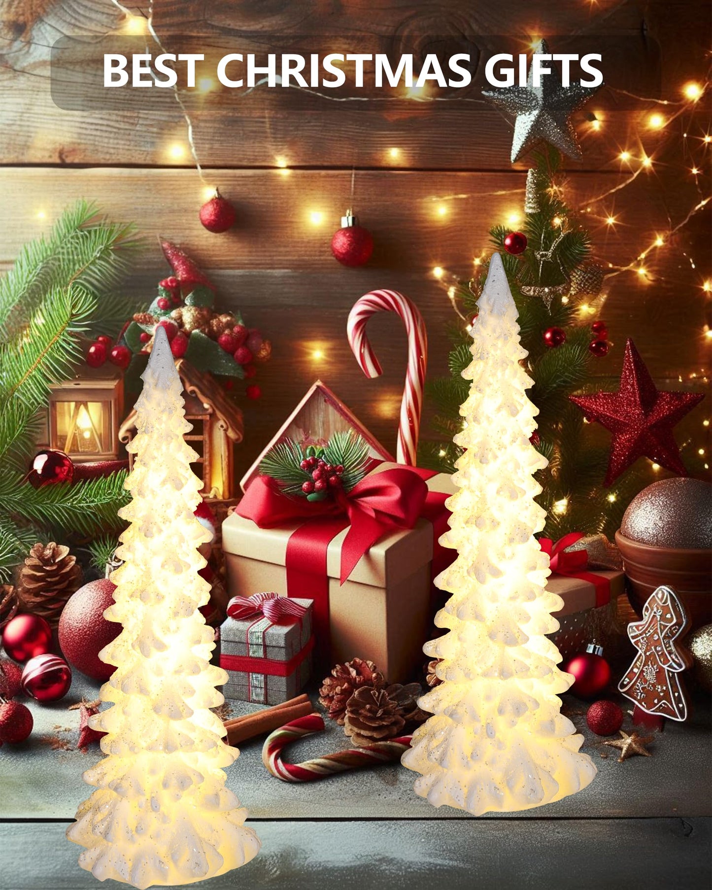 GoGnome 2-Pack Tabletop Christmas Tree with Lights - 8.3'' Resin Battery Operated White Christmas Tree - Light Up Christmas Decor Indoor Christmas Decorations (Trees)