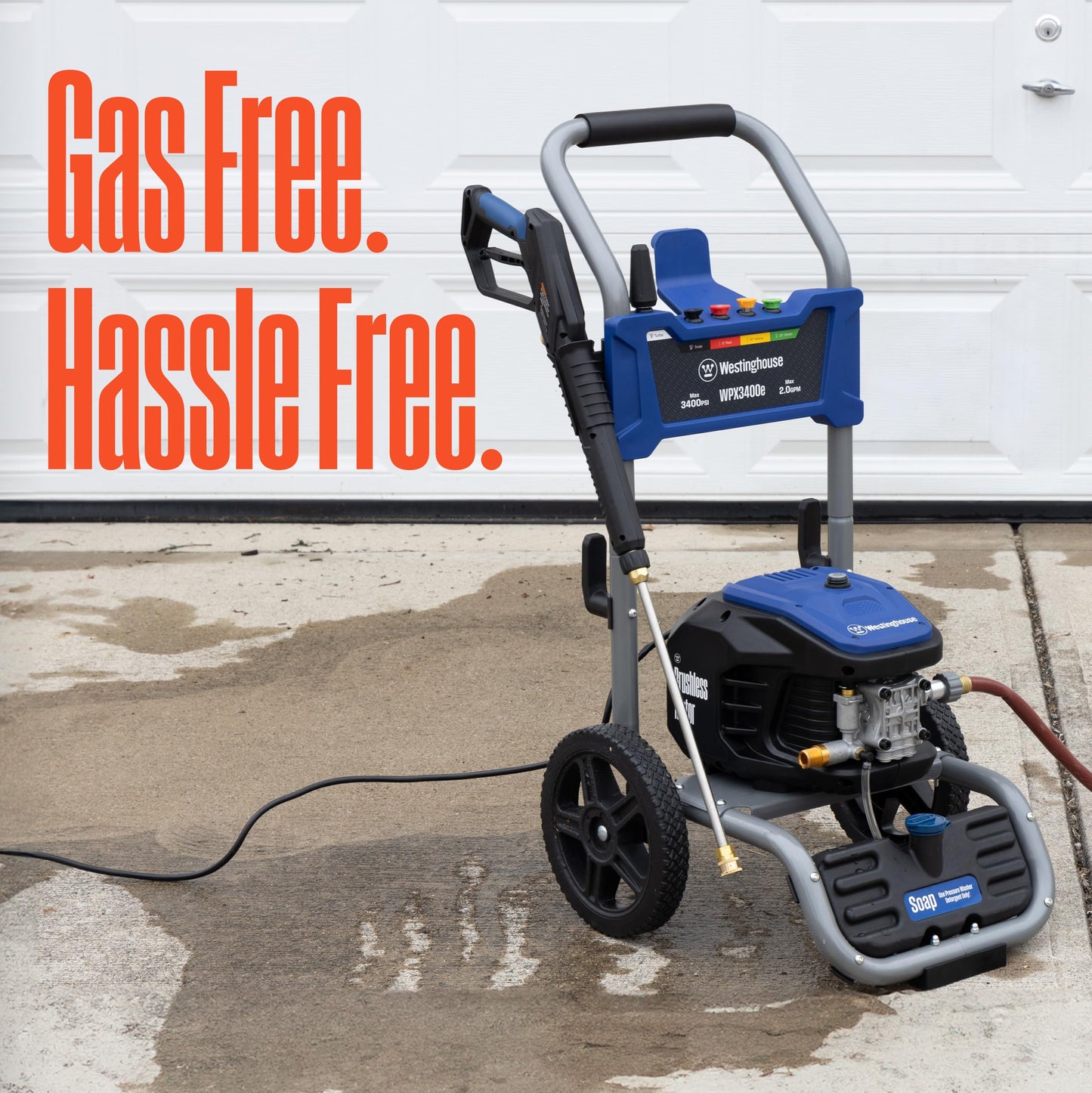Westinghouse WPX3400e Electric Pressure Washer, 3400 Max PSI and 2.0 Max GPM, Brushless Motor, Onboard Soap Tank, Spray Gun and Wand, 5 Nozzle Set, for Cars/Fences/Driveways/Homes/Patios/Furniture