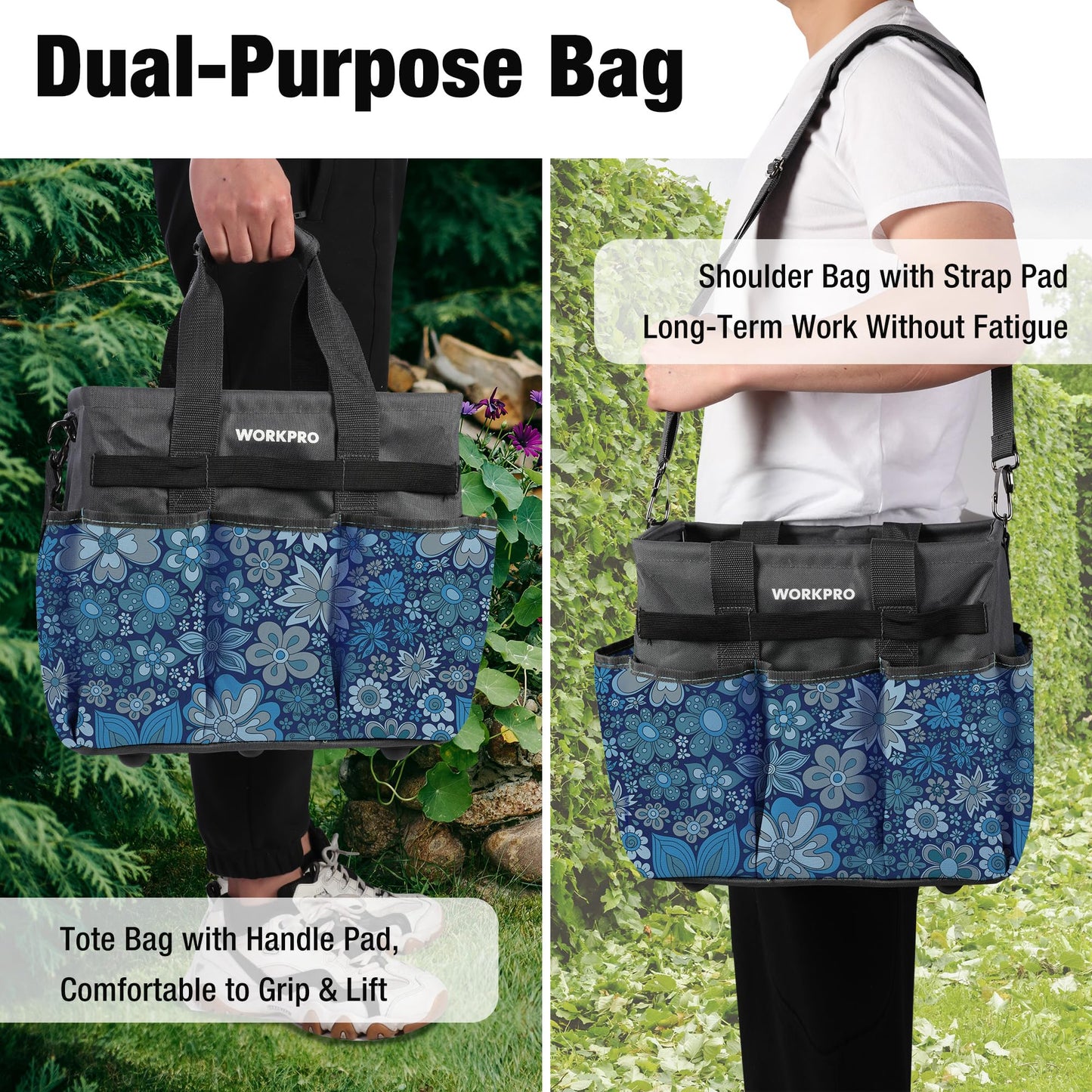 WORKPRO Garden Tool Bag Organizer, Heavy Duty Gardening Tote Bag, 10 Pockets Design with Long Adjustable Shoulder Strap, Standable Garden Home Tool Kits Organizer, Floral Blue (Tools are not Included)