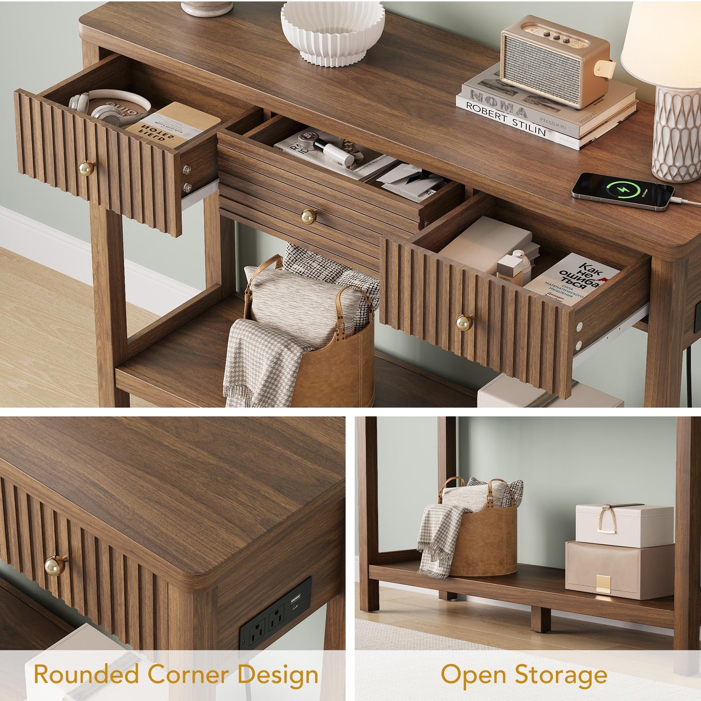 47 Inch Fluted Console Table with Outlets and USB-C Port, Mid Century Modern Sofa Table with 3 Drawers and Open Shelf, Entryway Table with Charging Station for Behind Couch, Hallway, Foyer, Walnut