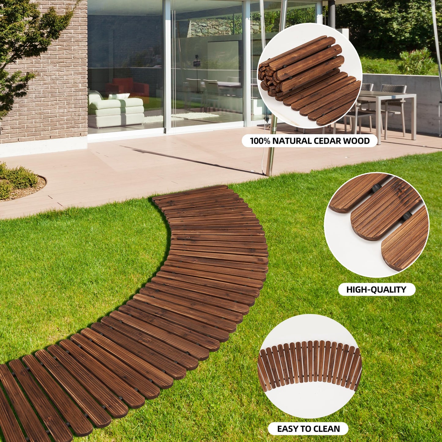 Spurgehom 7FT Wooden Pathway, Roll Out Cedar Curved Walkway, Patio Path Boardwalk Walkways,Weather-Resistant Outdoor Path for Backyard, Beach & Wedding Events