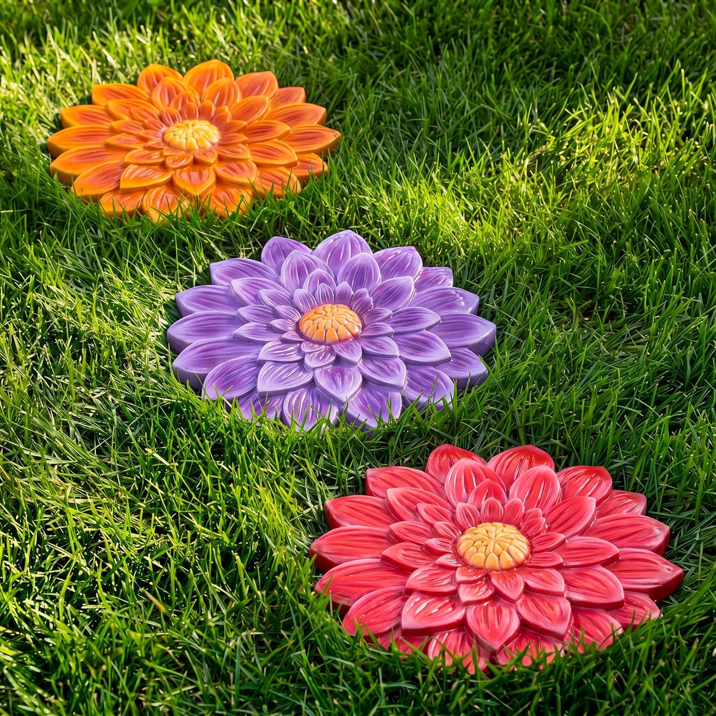 Cinnvoice 3 Pack Garden Stepping Stone Outdoor, Decorative Dimensional Resin Stepping Stones for Patio Pathway Landscaping Walkway Sculpture Yard Backyard Lawn(Dahlia,10 Inches)