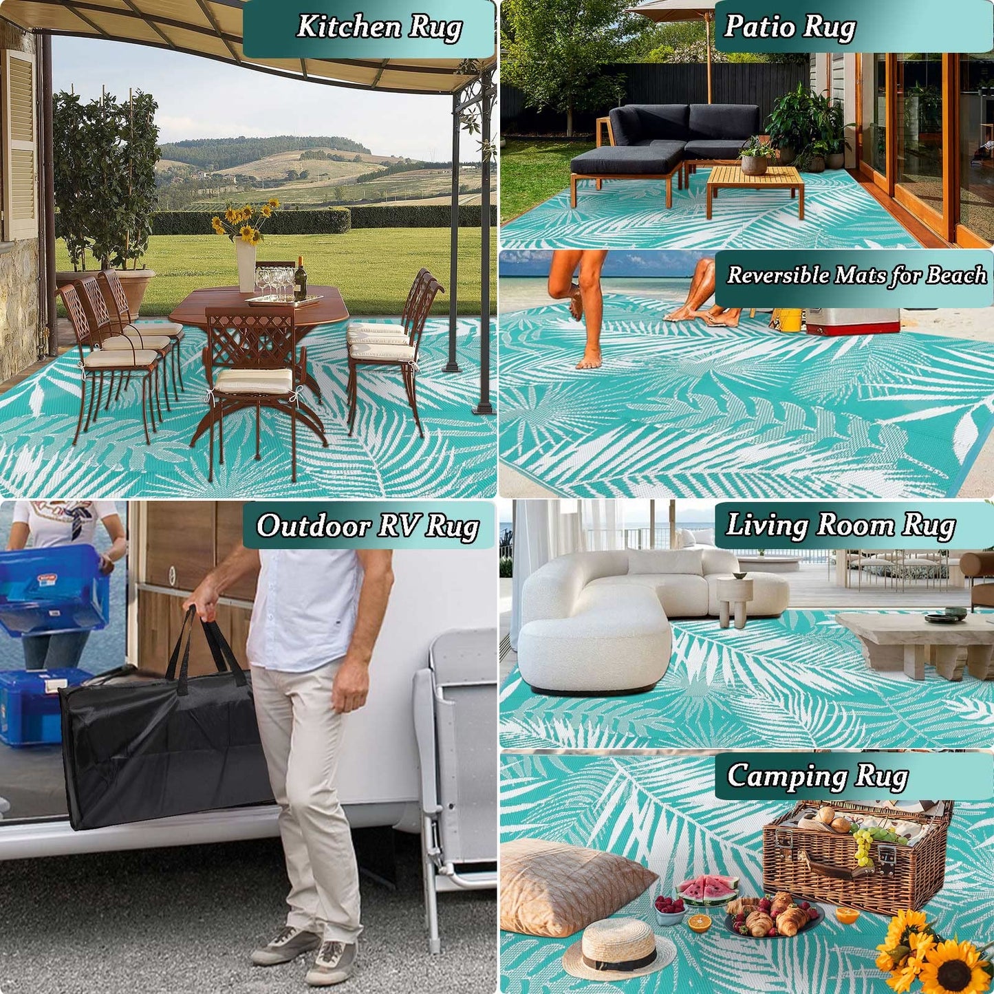 HiiARug Outdoor Rug for Patios Clearance, 6x9 Waterproof RV Rugs for Outside, Reversible Plastic Straw Mat Large Quick Drying Outdoor Rugs for Deck Trailers Campers Porch Beach Backyard,Teal & White