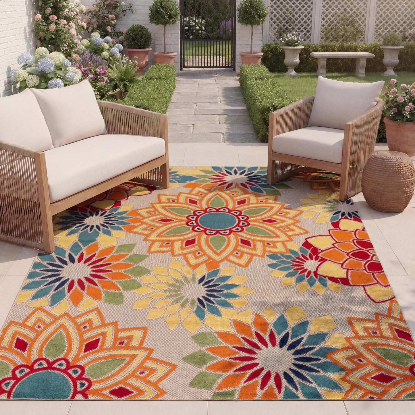 SAFAVIEH Washable Rug Outdoor Cabana Collection - 8' x 10', Ivory & Orange, Non-Shedding & Easy to Clean, Ideal for Patio, Backyard, Mudroom (CBN328A)