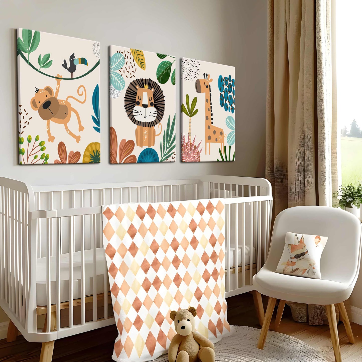AKWISH Safari Jungle Nursery Wall Decor Set of 3 - Framed Animal Canvas Wall Art for Baby Room, Toddler Boy or Girl Bedroom, Cute Safari Themed Baby Nursery Decor 12x16in