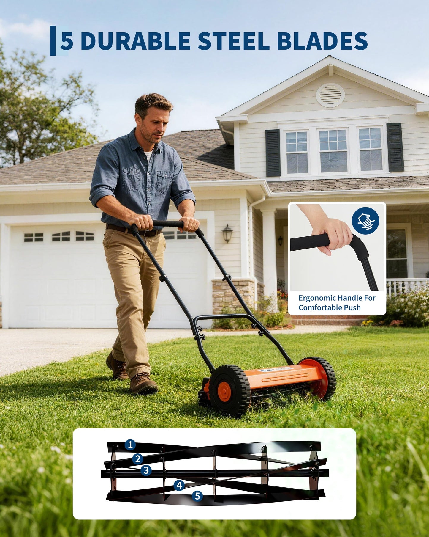 16 Inch Manual Reel Lawn Mower, 5-Blade Push Reel Mower with Adjustable Cutting Height, Walk-Behind Compact Hand Push Mower for Small Yards, Quiet Cordless Mowing (Orange) — No Grass Catcher Bag