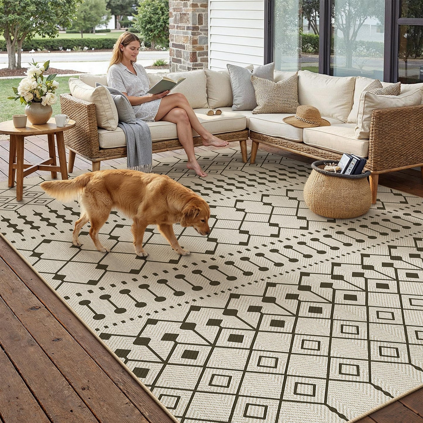 HUGEAR 8x10 Outdoor Rug Black/Beige Linen-Look Fabric Boho Area Rug High Traffic Stain Resistant Easy Clean Durable Rugs for Indoor/Outdoor Patio Deck Balcony Porch Garden Courtyard