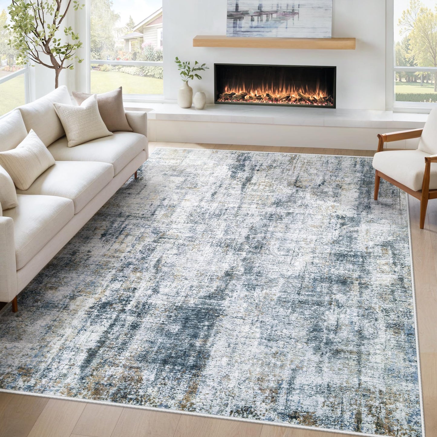 6x9 Area Rug for Living Room: Washable Abstract Soft Rugs Non Slip Modern Stain Resistant Low Pile Carpet for Dining Room Bedroom Nursery Office (Multi Blue, 6'x9')