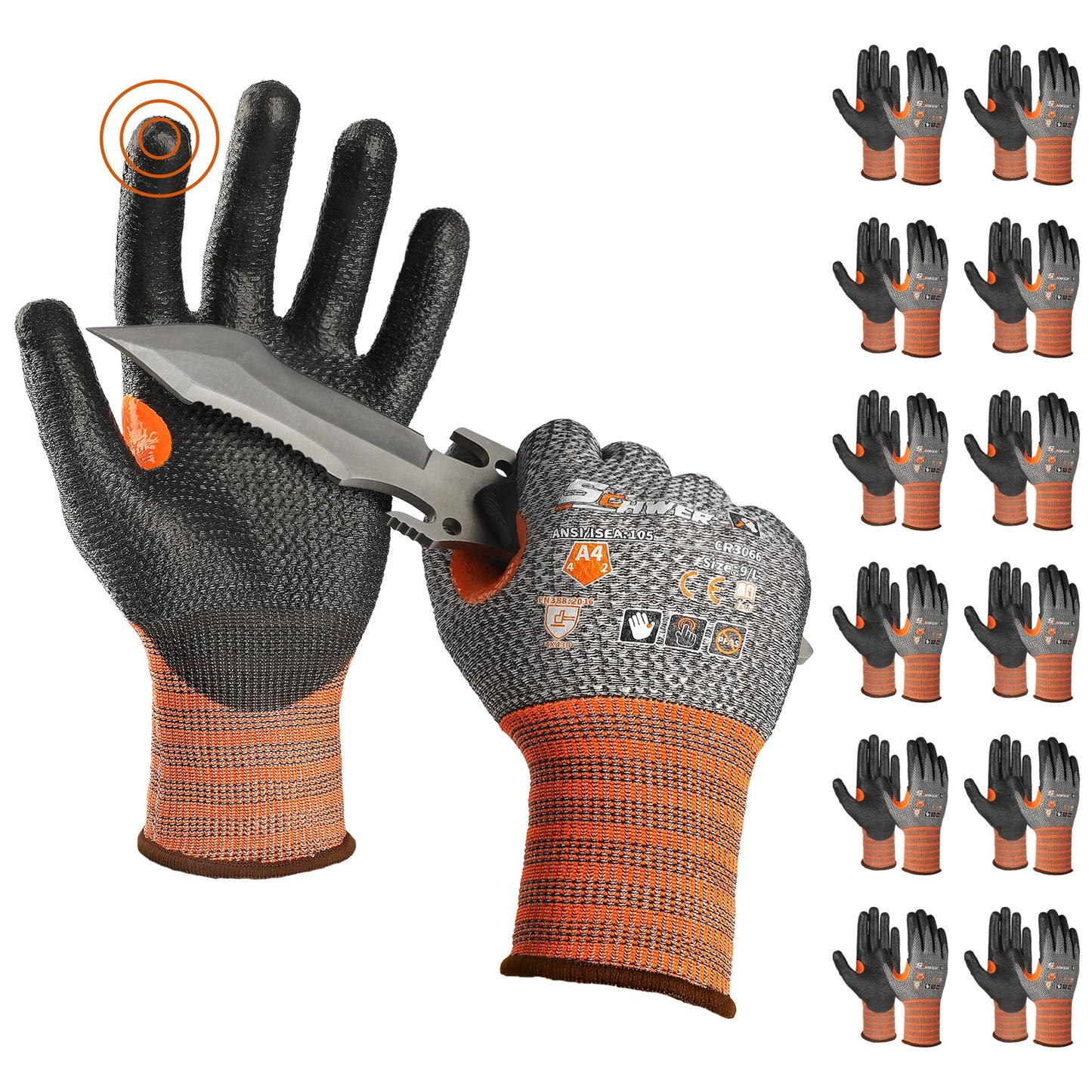 Schwer 12 Pairs Cut Resistant Work Gloves, CR3066 ANSI A4 Cut Proof Gloves with PU Coating, Touch-Screen, Non Slip, Reinforced Thumb, Wire & Fiberglass Free, Durable Working Gloves for Construction, L