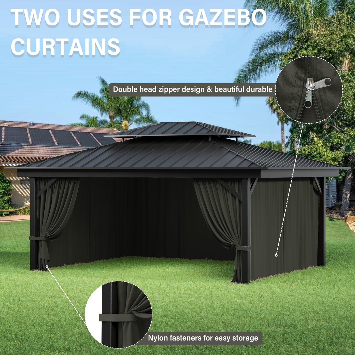 Pakunoda Outdoor Gazebo Curtain Replacement Universal 4-Panel Sidewalls 12' X 16',Outdoor Patio Waterproof Privacy Curtain with Double Zipper for Patio,Garden, and Backyard (Curtain Only)