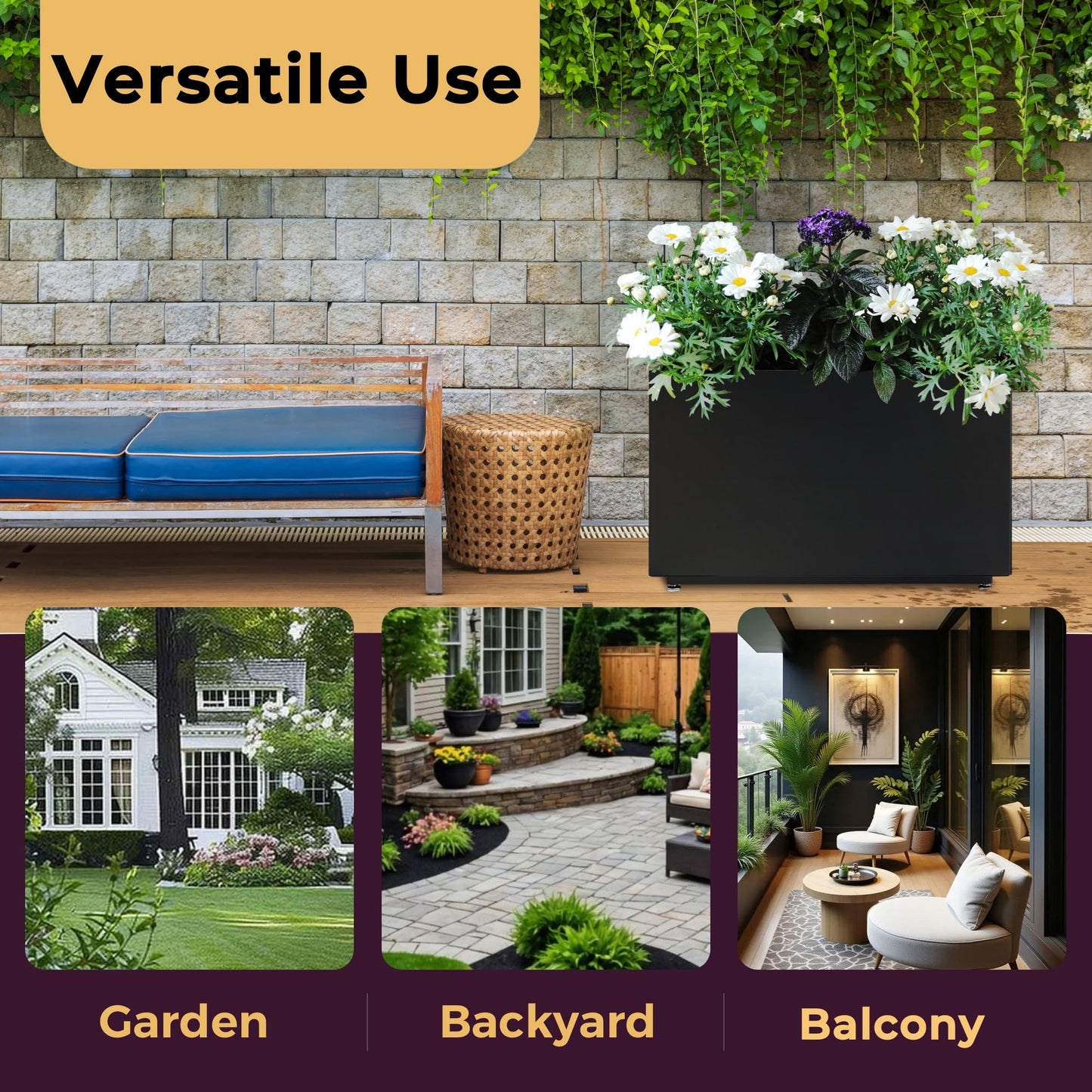 Foresland Outdoor Metal Planter Box 26Wx10Dx16H, Large Rectangular Trough Planters, Easy 5-Min Assembly, Modern Plant Container with Drainage Holes, Heavy Duty, Weather Resistant, Black