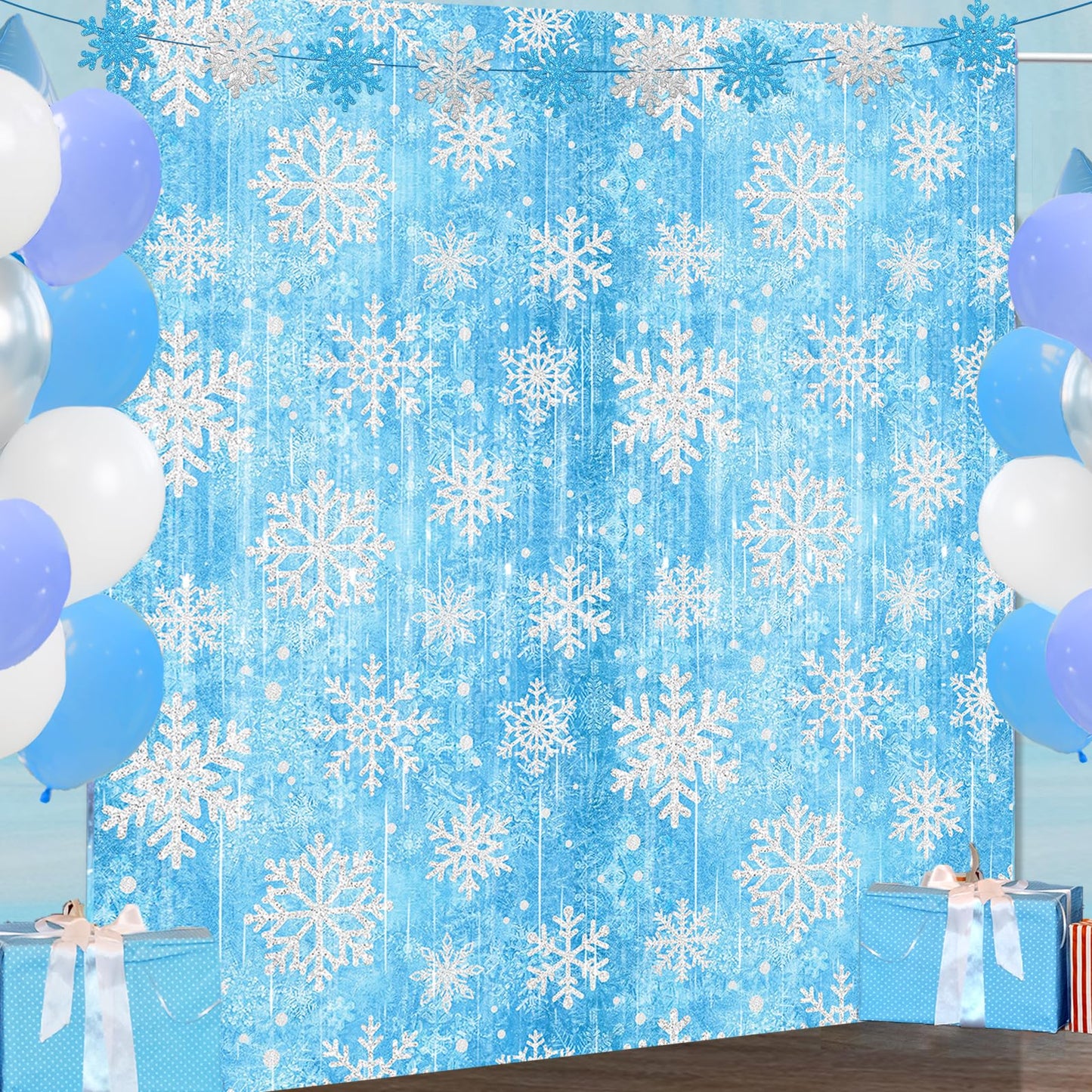 ILUIGGW Party Decorations Foil Fringe Curtains, 2Pack Snowflake 3.3x6.6ft Tinsel Foil Fringe Curtains Winter Photo Booth Prop Backdrops, Blue Snowflake