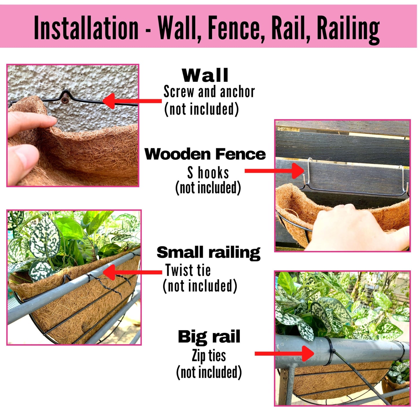 LaLaGreen Wall Hanging Planters, 6 Pack, 12 Inch Balcony Flower Baskets with Coco Liner Outside, Outdoor Vertical Garden, Fence Pots Holder Half Round Semi Circle Rail Railing Deck Porch Balcony Patio