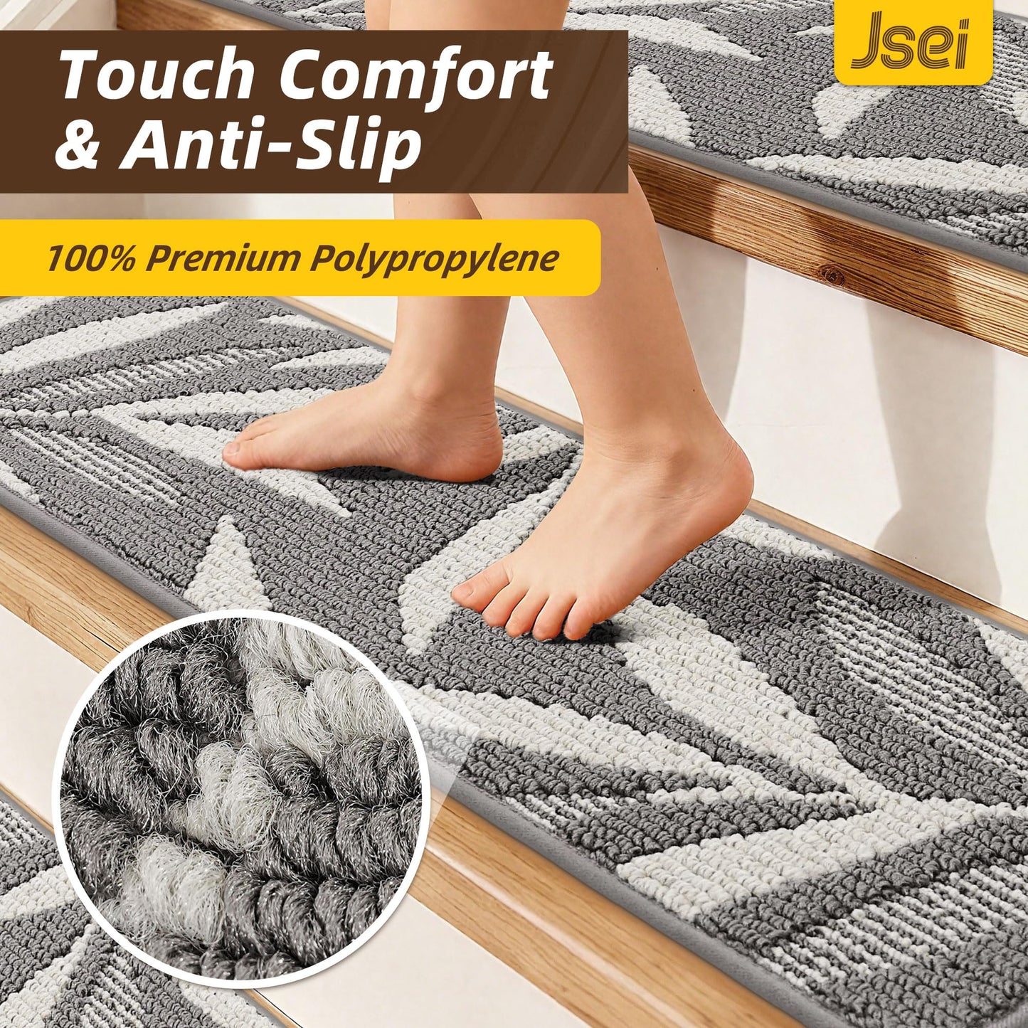 JSEI Stair Treads for Wooden Steps with 3D Leaf Pattern, 14 Pack 9" X 28" Carpet Stair Treads Non-Slip Indoor with TPE Backing, Machine Washable Stair Runners for Kids Elders and Pets, Grey