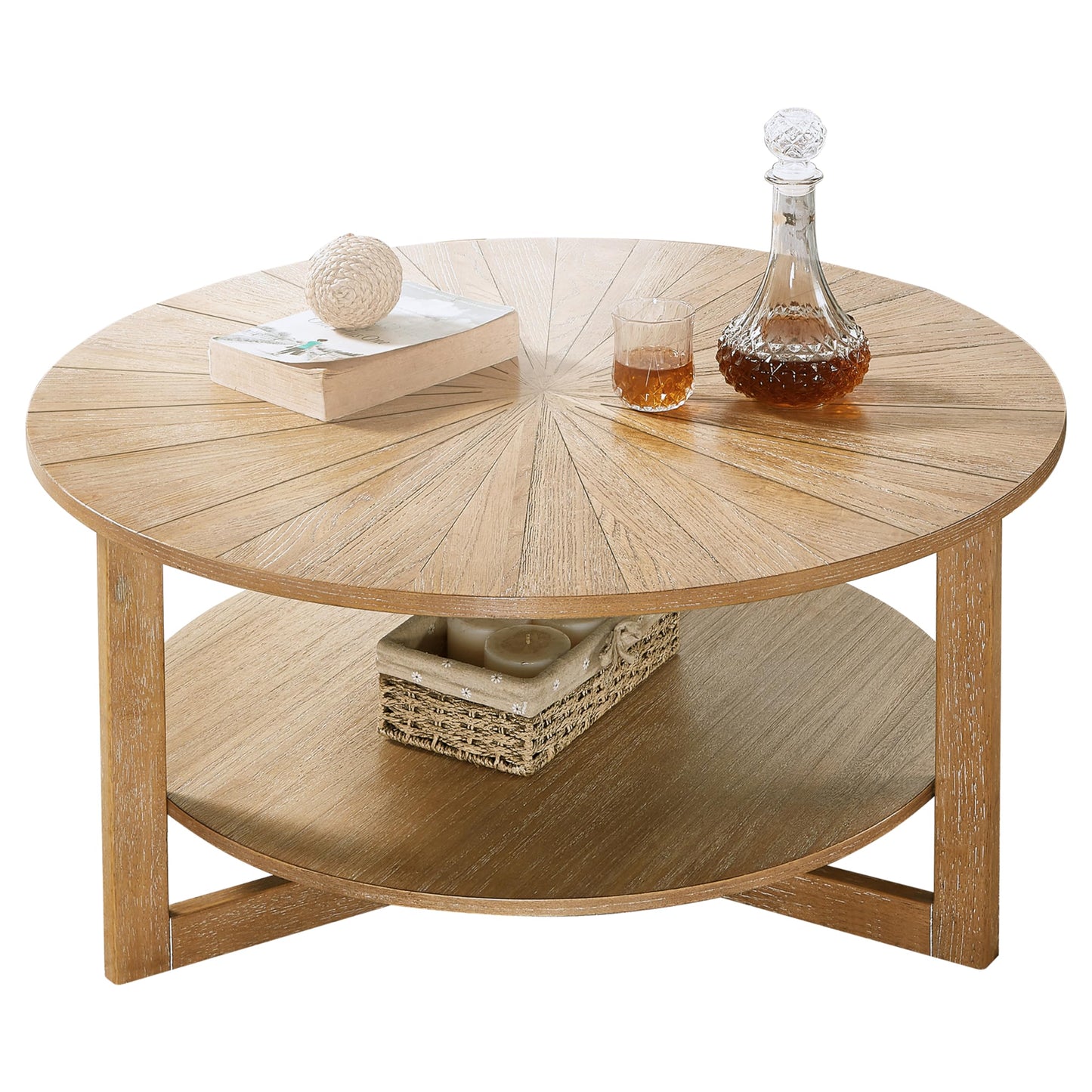 DS-HOMEPORT Round Coffee Table, 35" Circle Wood Coffee Table with Storage Shelf, 2 Tier Center Table for Living Room Apartment Home Furniture, Easy Assembly (Light Brown,35" Dx35 Wx18 H)