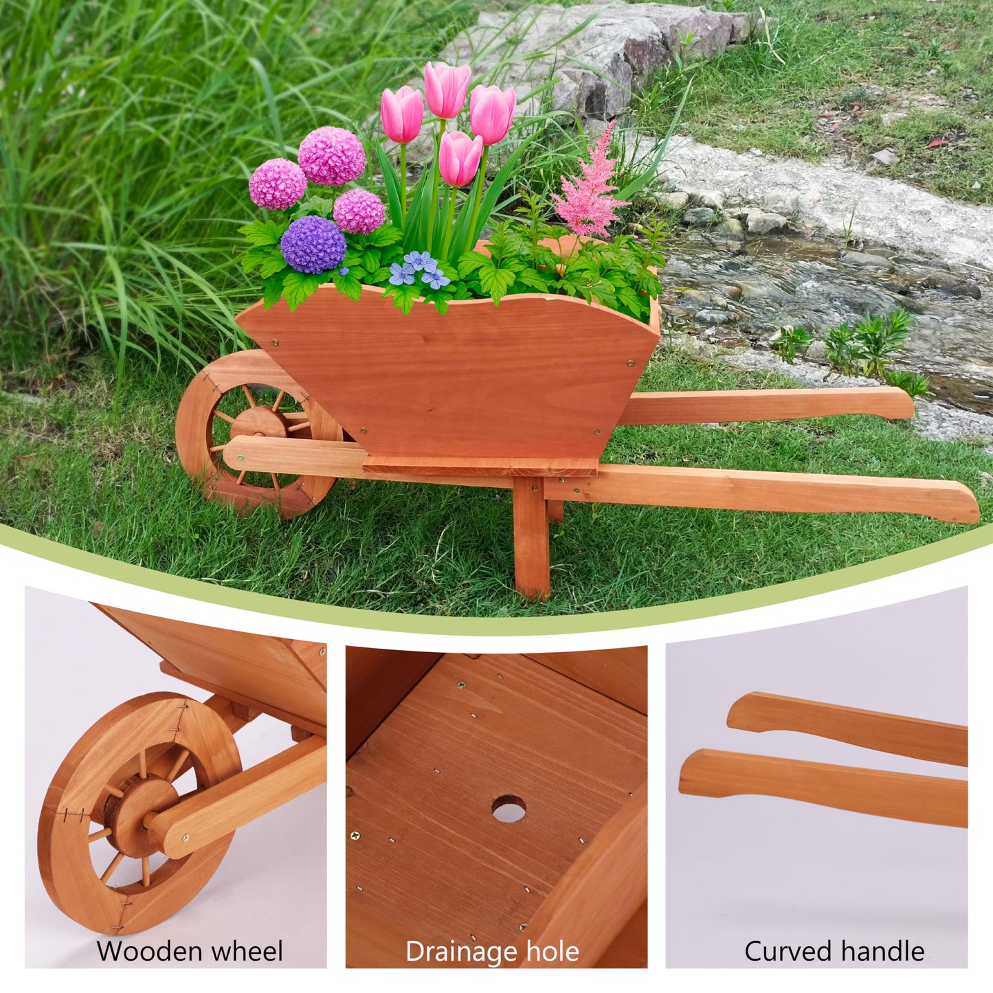 Beipoo Decorative Wooden Wagon Planter Box, Wood Wheelbarrow Planter with Handles, Drainage Hole, Wagon Garden Planter, Flower Cart for Indoor Outdoor Decor