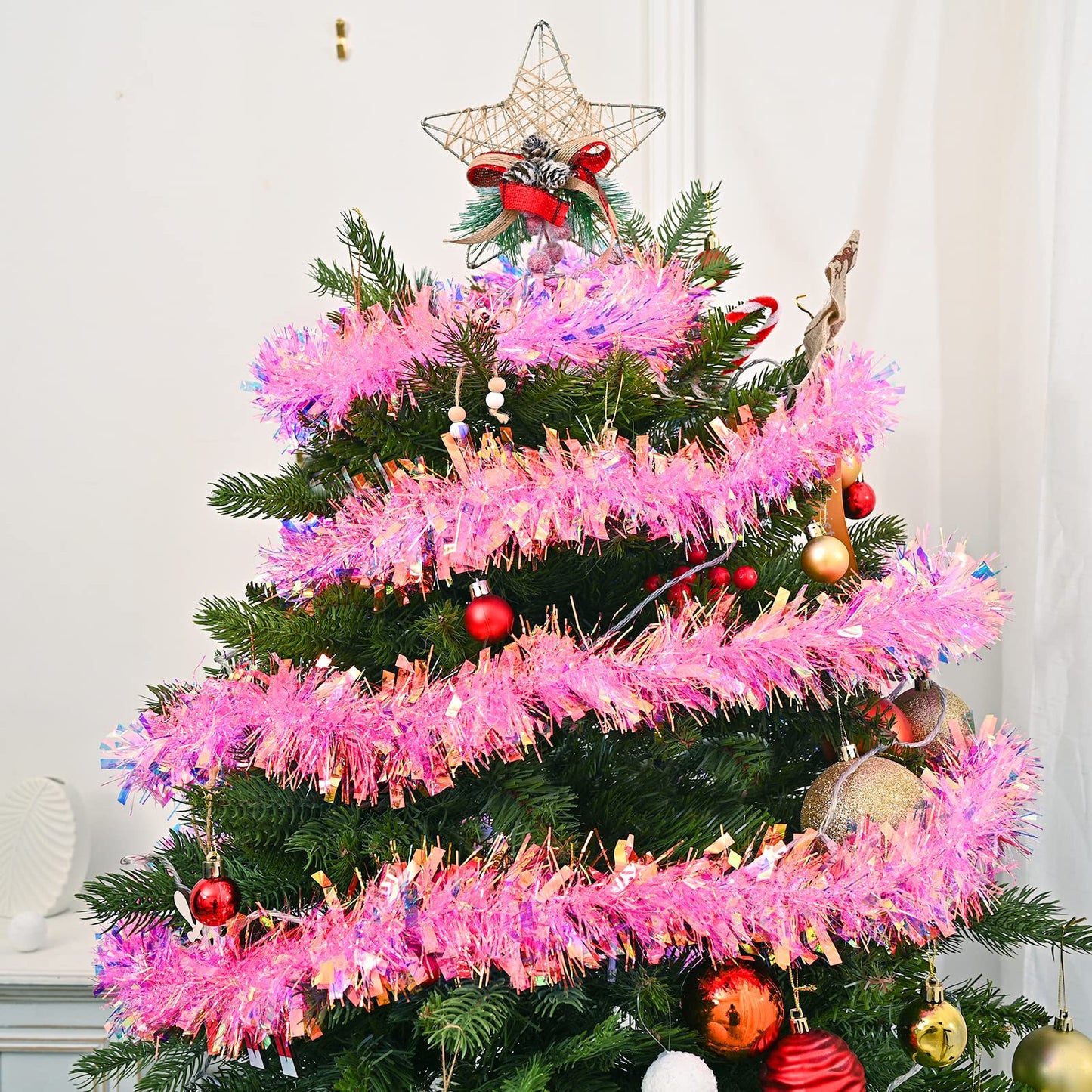 JXITON 20ft/6m Pink Christmas Tinsel Garland Iridescent Metallic Twisted Hanging Garland with Star for Chistmas Tree Fireplace Home Decoration