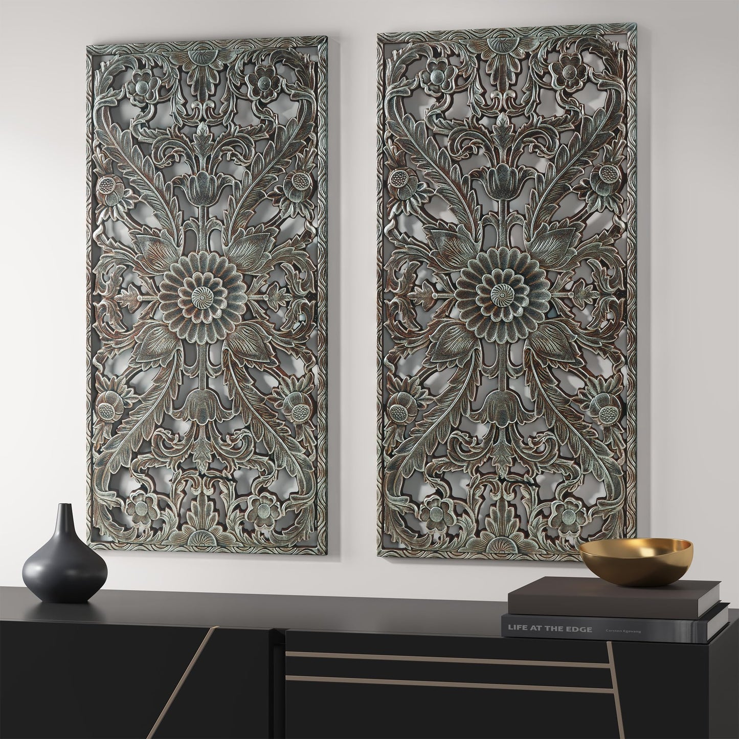 Madison Park Wall Art Living Room Décor - Floral Antiqued Wooden Carving Wall Decor Panel, Copper Embellished, Ready to Hang Wall Decor for Bedroom, 15.75"W x 31.5"L x 0.59"D, Patina Blue, 2 Piece