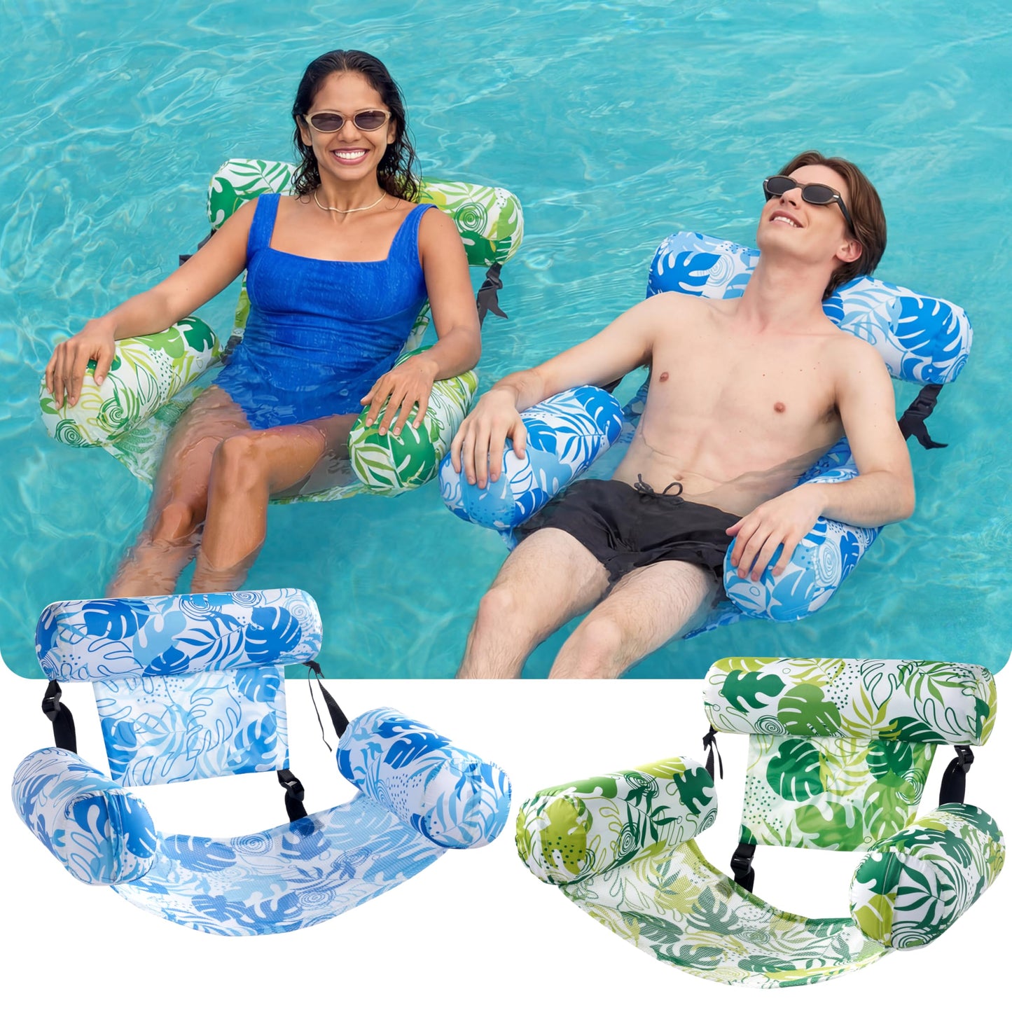 SLOOSH Inflatable Pool Floats Adult, 2 Packs Floating Lounge Chairs,Blow up Pool Noodles for Adult Heavy Duty,Floating Chair for Party Summer Water Beach Lake Fun,Summer Leaves-Green,Blue