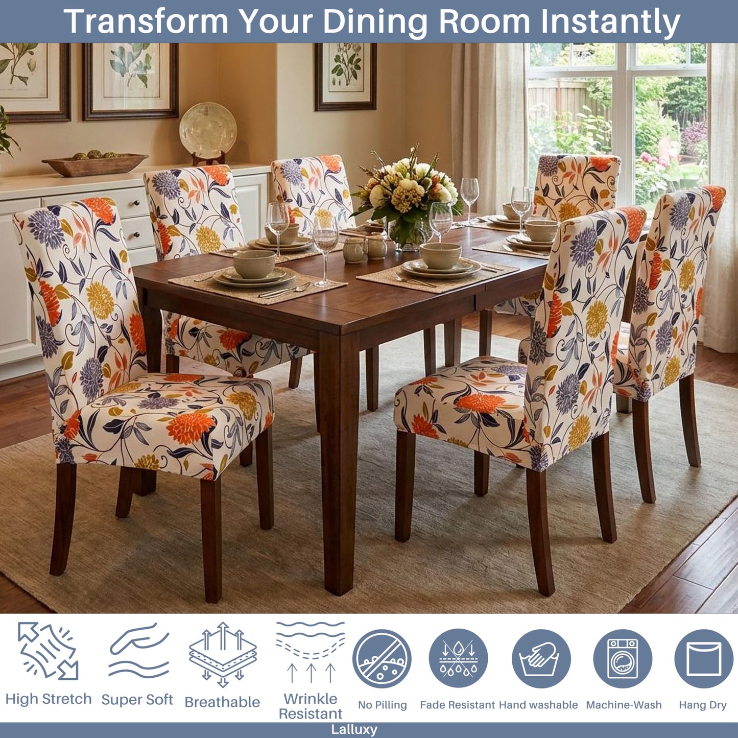 Lalluxy Chair Covers for Dining Chairs Set of 4, Stretchy Soft Parson Chair Covers Removable Washable Kitchen Dining Room Chair Slipcovers with Elastic for Universal Fit (Orange Flowers)