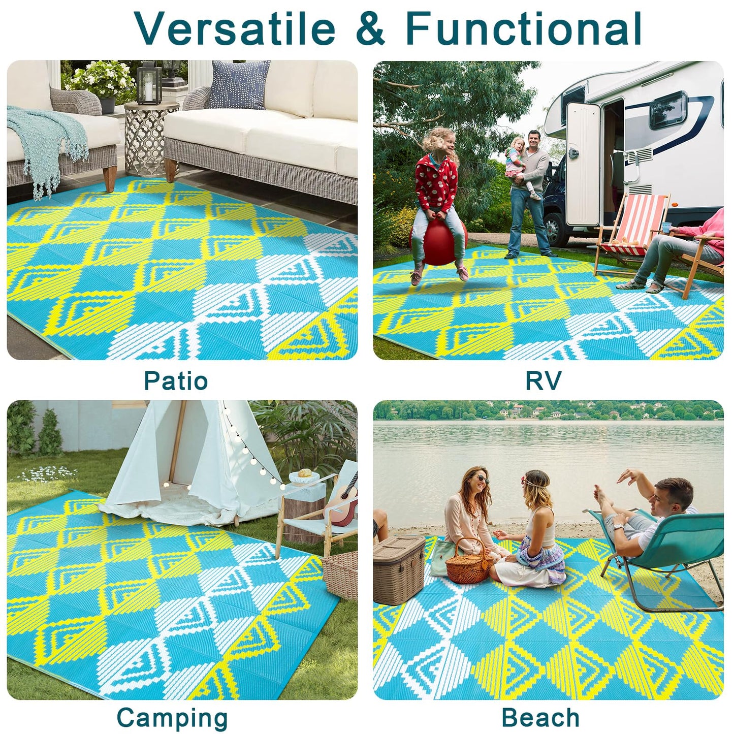 Beeiva Outdoor Rugs 8x10 Waterproof, Modern Geometric Reversible Plastic Straw Patio Mat, Large Foldable Outside Rug for Camping, Porch, Deck, Backyard, Balcony, Picnic - Blue & Yellow