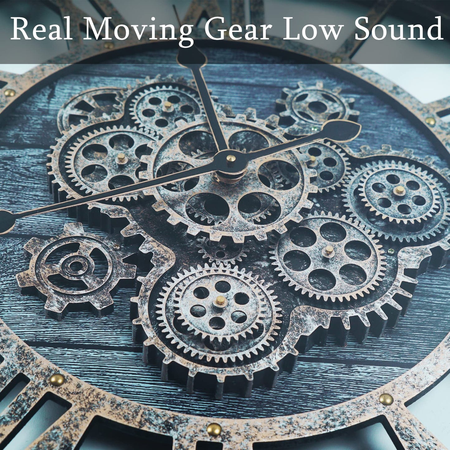 TOPPTIK 30 Inch Industrial Steampunk Wall Clock, Gray, Battery Operated, Real Rotating Gears, Solid Wood Frame, Oversized Wall Clock for Living Room Decor