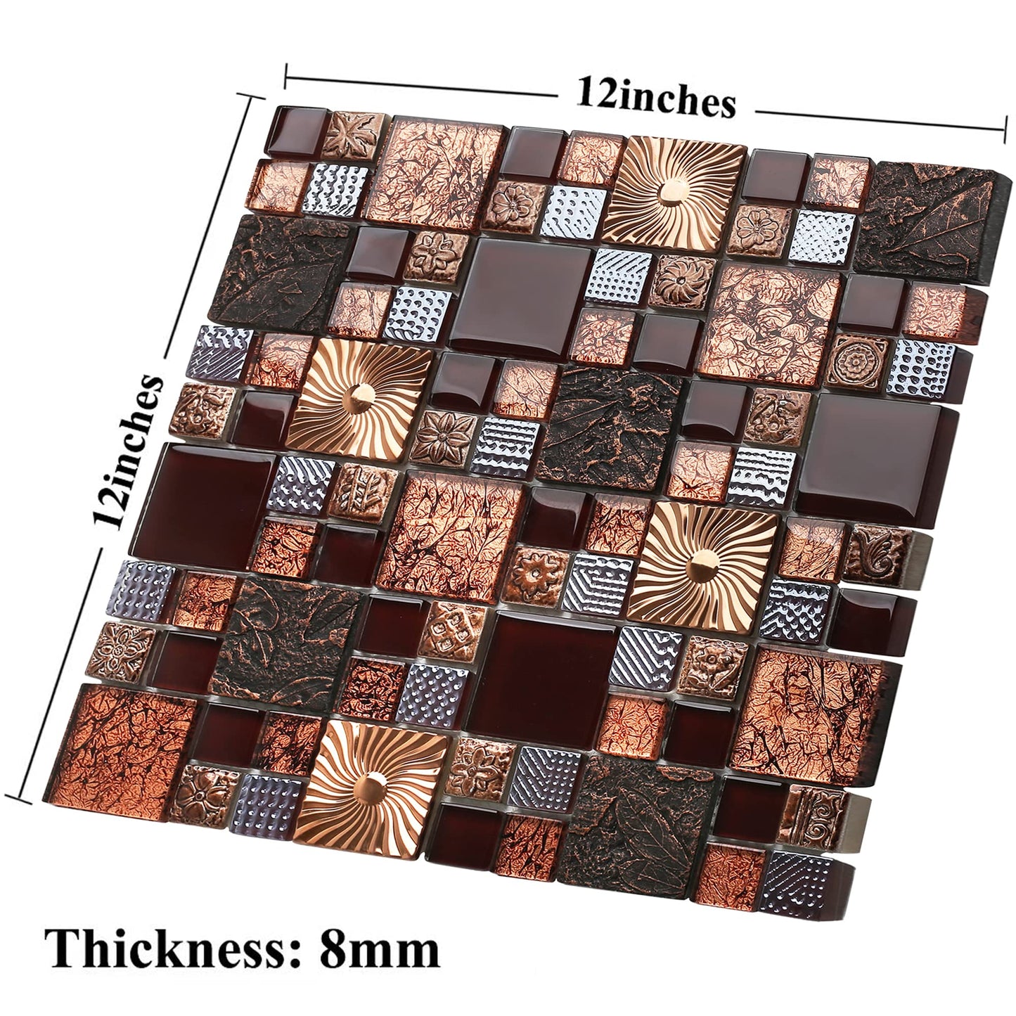 Blujellyfish Red Wine Colors Glass Tile 2'' x 2'' Leaf Carving Imprints Antique Mosaics Textured Rose Gold Metal Kitchen Bathroom Walls Backsplash Tiles (Pack of 5 Square Feet)