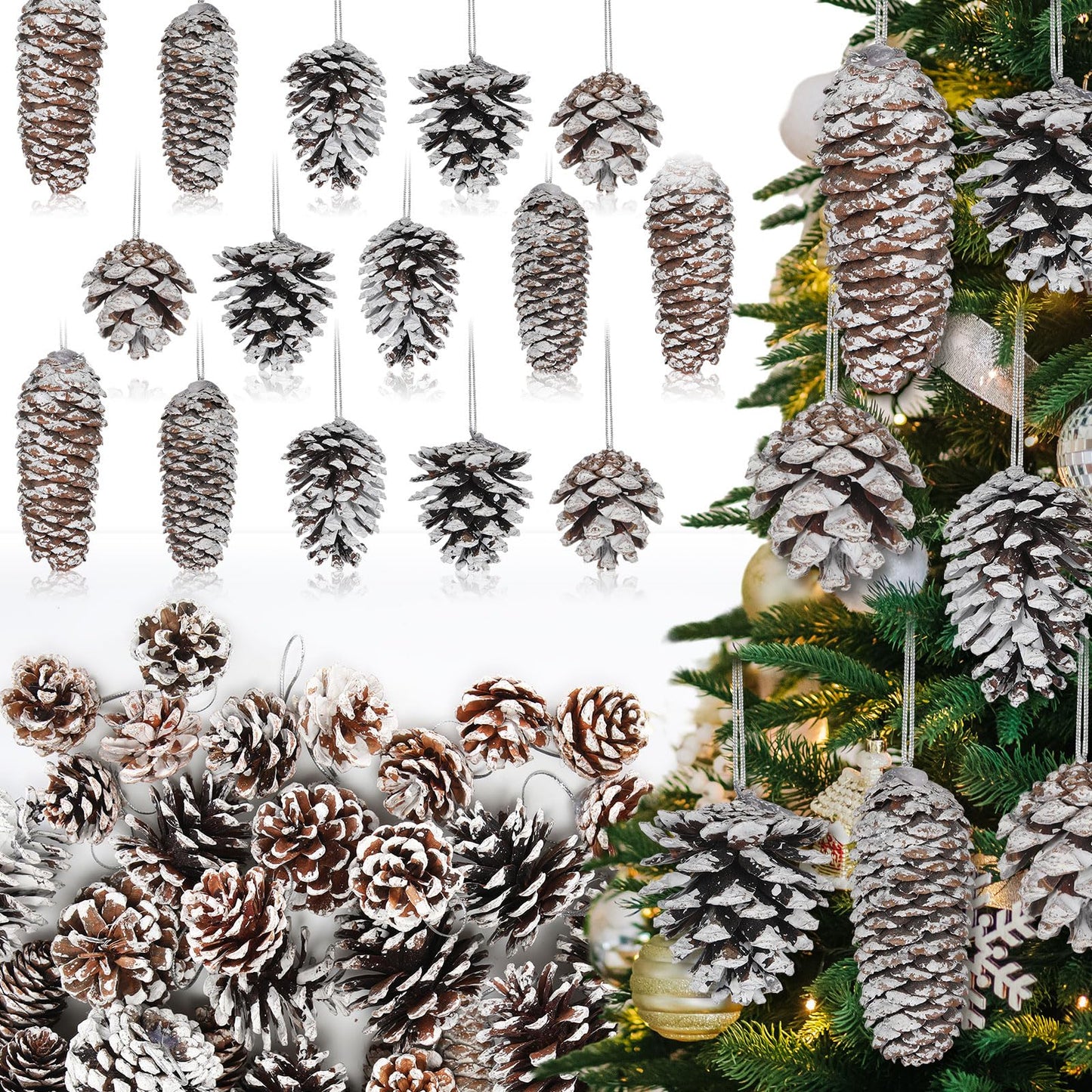 Giegxin 80 Pcs Winter Natural Pine Cones Ornaments 1.5-3.9inch Snow Frosted Pinecones for Crafts with String Bulk Xmas Tree Hanging Pendant Winter Holiday Decoration for DIY Gift Vase Filler Party