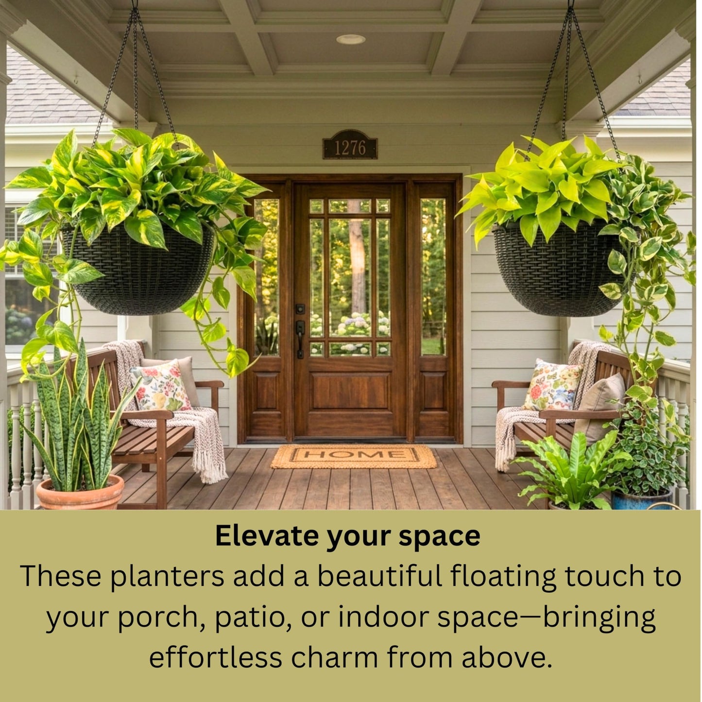 LaLaGreen Hanging Planters for Indoor Plants (11 Inch, 4 Pack) Self-Watering Round Rattan Style Flower Pots with Water Level Indicator, Black Metal Chain Hanging Baskets for Porch Garden Balcony Decor