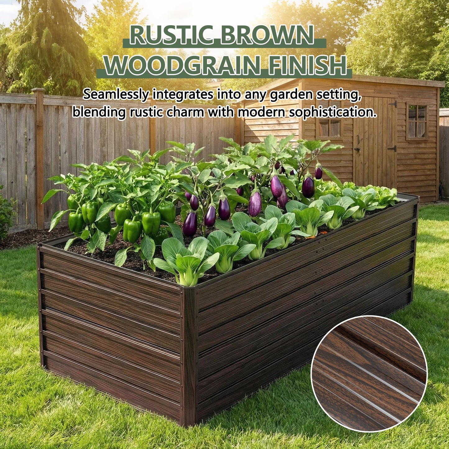 RocVanc Galvanized Raised Garden Beds 6x3x2FT Outdoor Planter Boxes with Safety Edging and Gloves Metal Garden Bed Kit for Vegetables Flower and Fruits (Brown Wood Grain