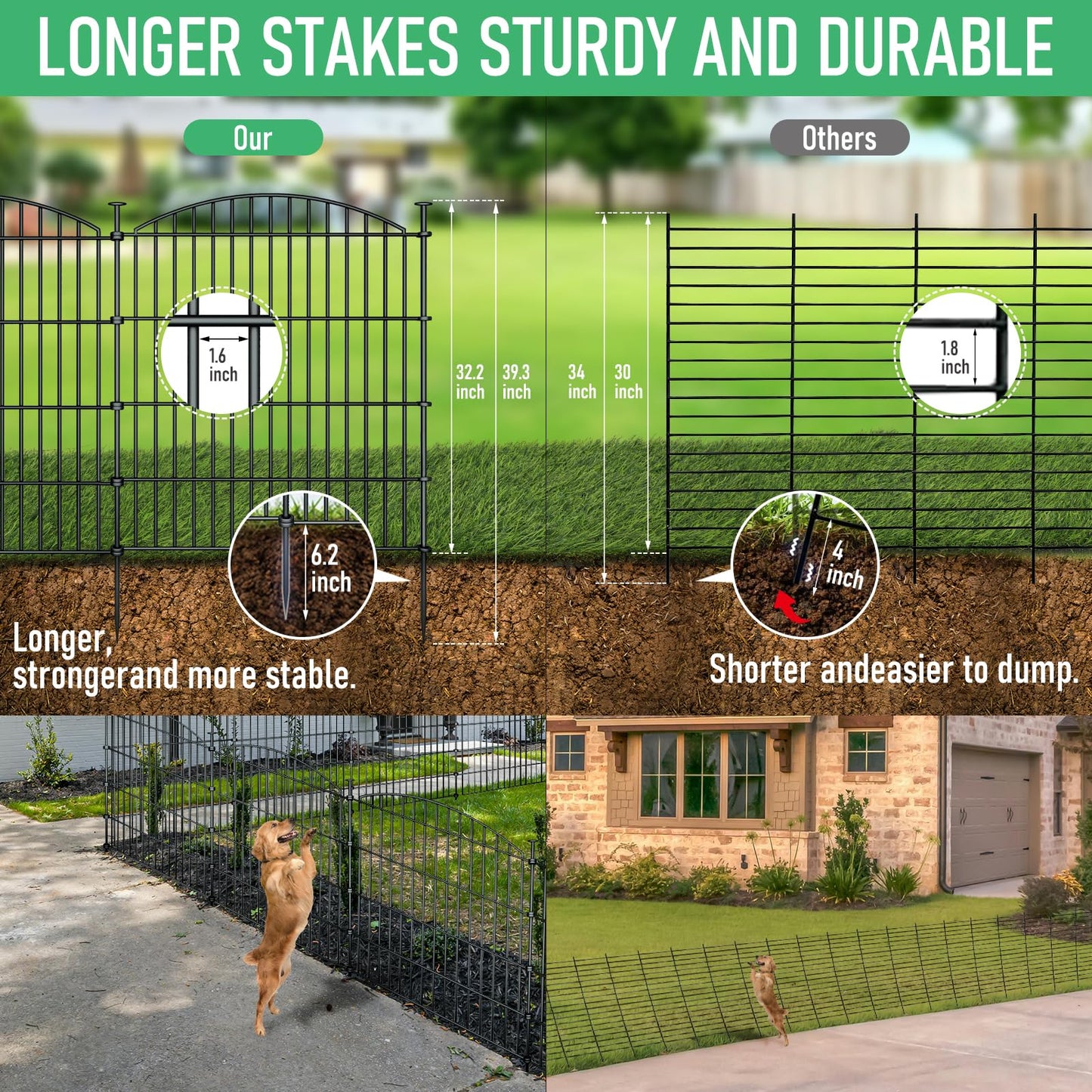 10 Panels Garden Fence Dog Fence Outdoor for Yard, 32in H x 23.6ft L Rustproof Metal Fencing with Ground Stakes | No Dig Animal Proof Containment for Pets/Rabbits | Durable Patio Security Panels