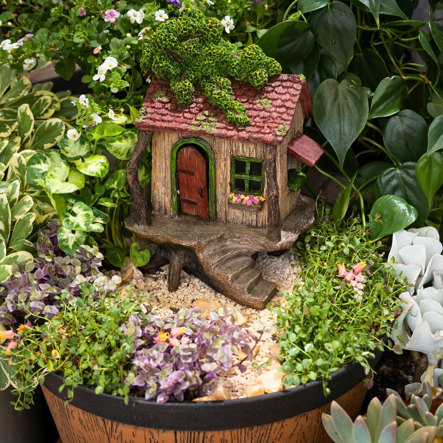 PRETMANNS Fairy Garden House – Fairy House for Outside – 9” High Treehouse with Door that Opens – Sturdy Fairy Garden Building – Lovely Miniature Garden Accessories Supplies