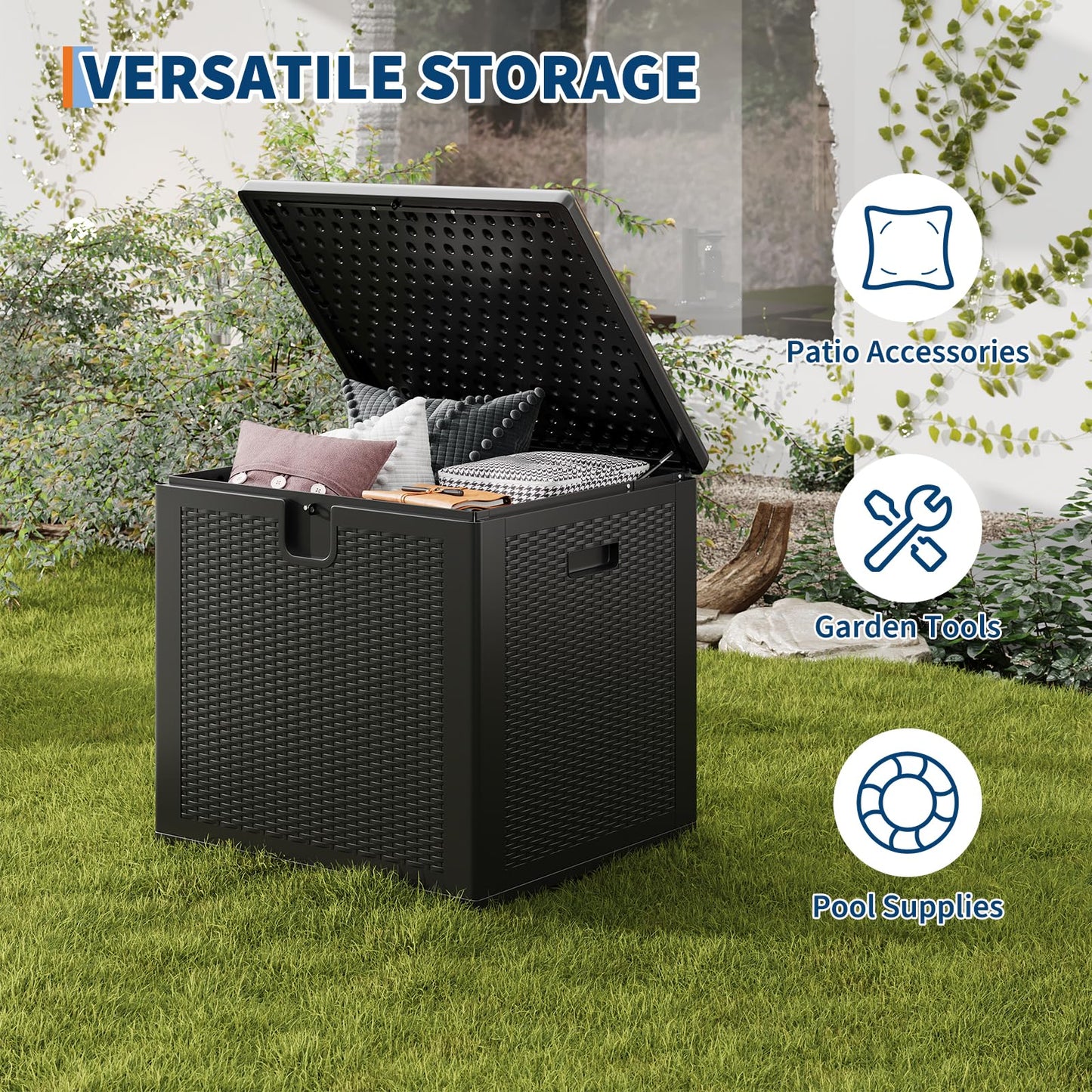 GarveeLife 80 Gallon Outdoor Storage Box, Large Resin Deck Box with Hydraulic Air Rod, Weatherproof & Lockable Outdoor Storage Bin for Patio Cushions, Garden Tools, Pool Supplies, Porch, Black
