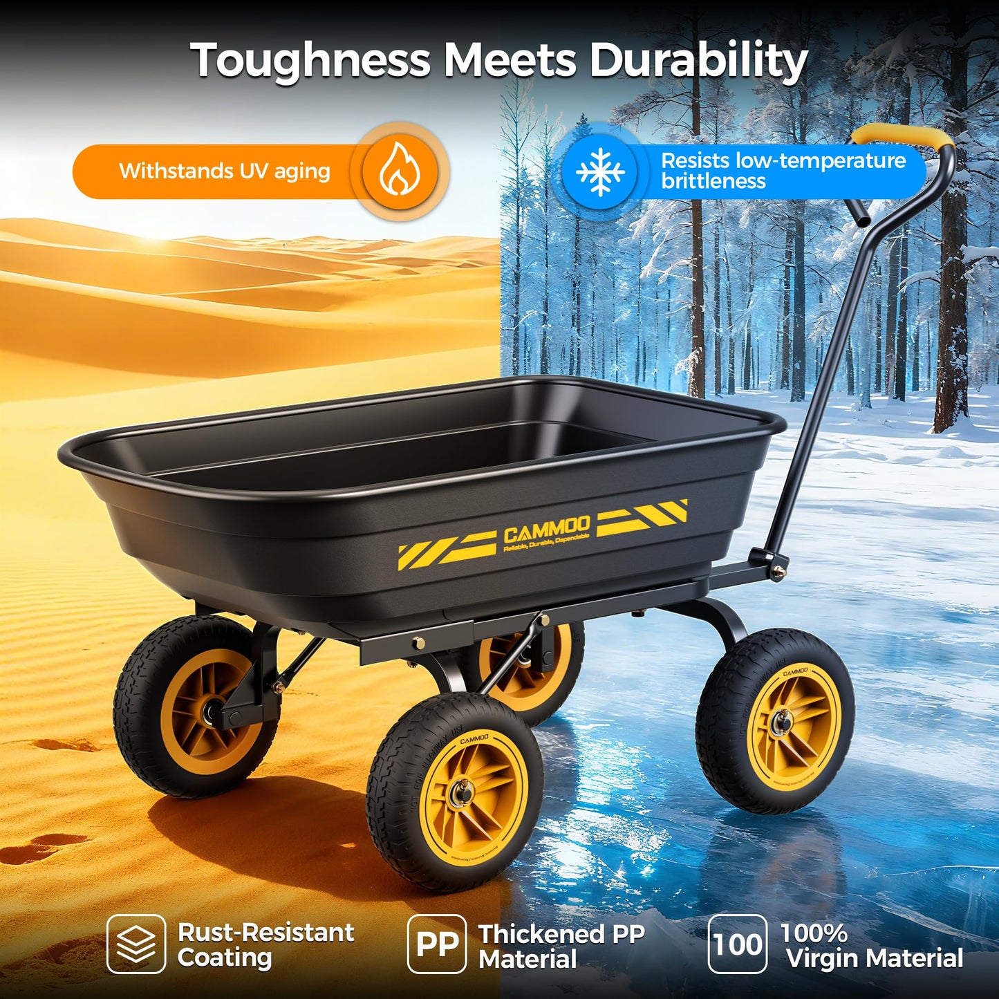 CAMMOO 10-in NO-FLAT TIRES 600lb Heavy-Duty Garden Dump Cart 4 Cu.Ft. Utility Wagon with Quick-Release Dumping & Prime Grade 100% Virgin Polypropylene - Not Recycled Material for Landscaping Gardening