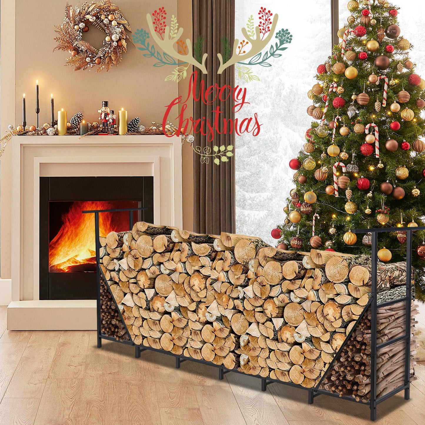 HONEST OUTFITTERS 8ft Firewood Rack Outdoor, Adjustable Heavy Duty Firewood Holder, Adjustable Wood Racks for Outdoor Indoor, Metal Log Racks for Firewood with Firewood Bag Carrier, Black