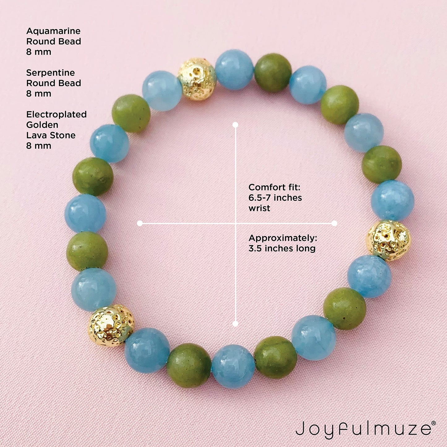 Joyfulmuze Aquamarine Serpentine Stretch Bracelet, Natural Blue and Green Round Gemstone, Handmade Spiritual Jewelry for Women Men, Gold Lava Beads, 17cm length (Aquamarine-Serpentinite-Lava Stone)