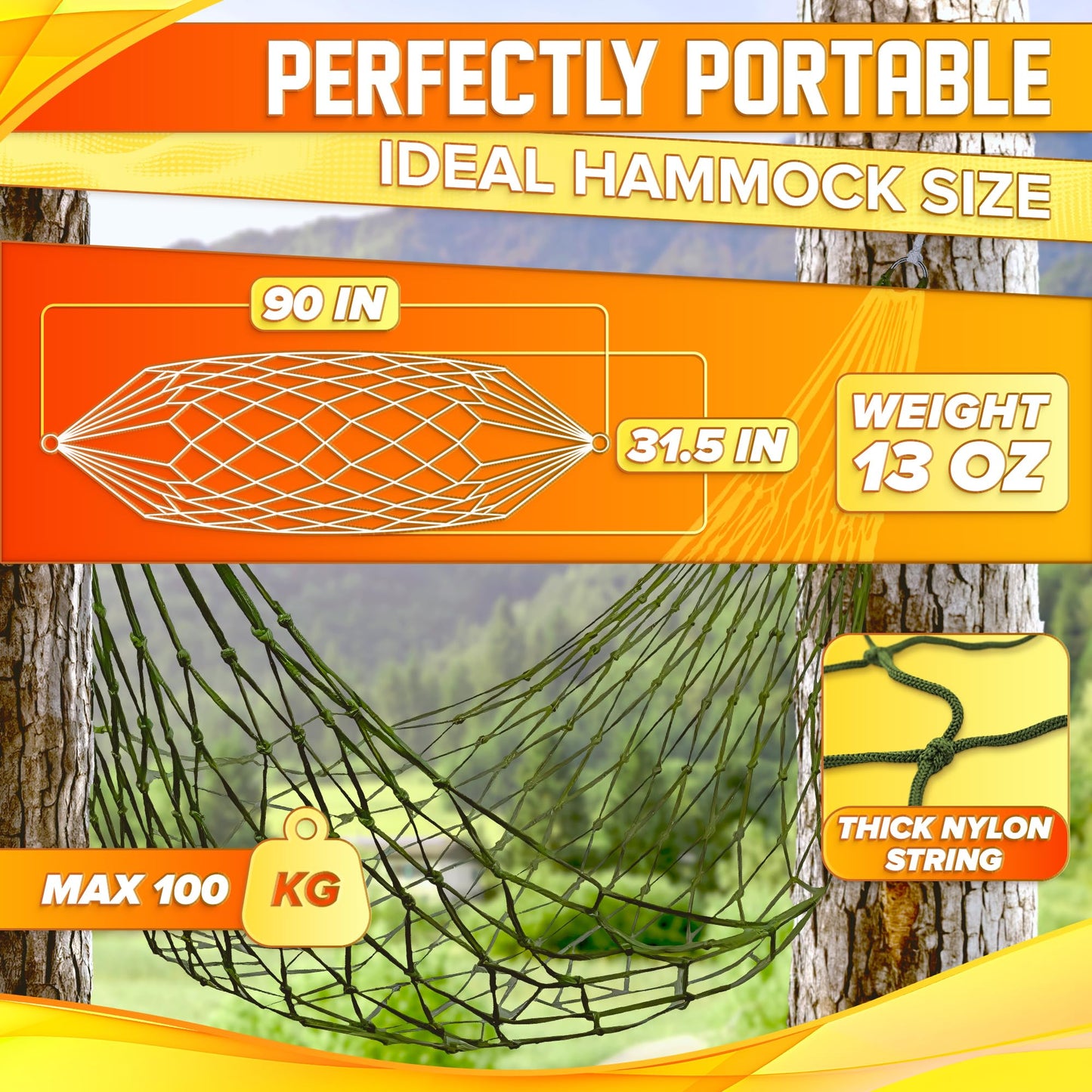 Mesh Hammock - Easy to Set Up Rope Hammocks for Outside, Dark Green Color, 90x31.5 Nylon Net Hammock, Max 100 KG (220 Pounds) Tree Hammocks for Outside, Camping & Relaxation, Quick Setup for Travel