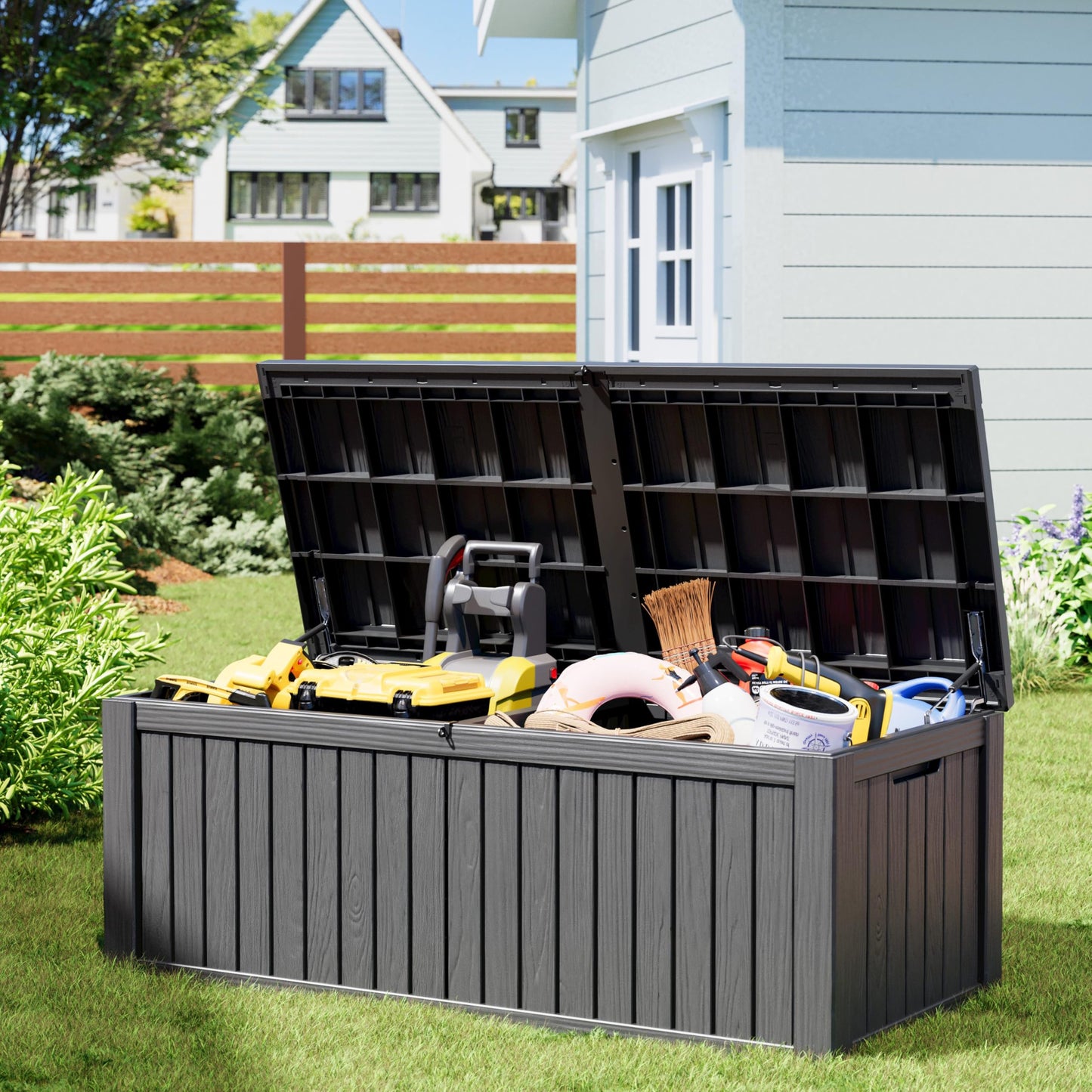 NUNU LAB 220 Gallon Outdoor Storage Box Waterproof, Outside Package Delivery Deck Boxes with Lockable Lid, Backyard Storage Bin For Garden Tools, Patio Cushions, Black
