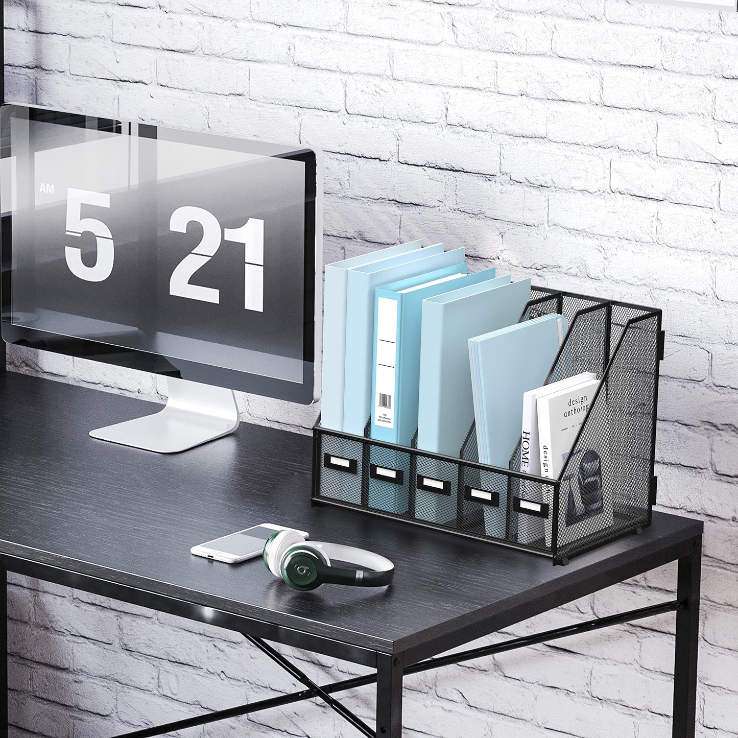 SUPEASY Desk Organizers Metal Desk Magazine File Holder with 5 Vertical Compartments Rack File Organizer for Office Desktop, Classroom, Home Workspace, Black