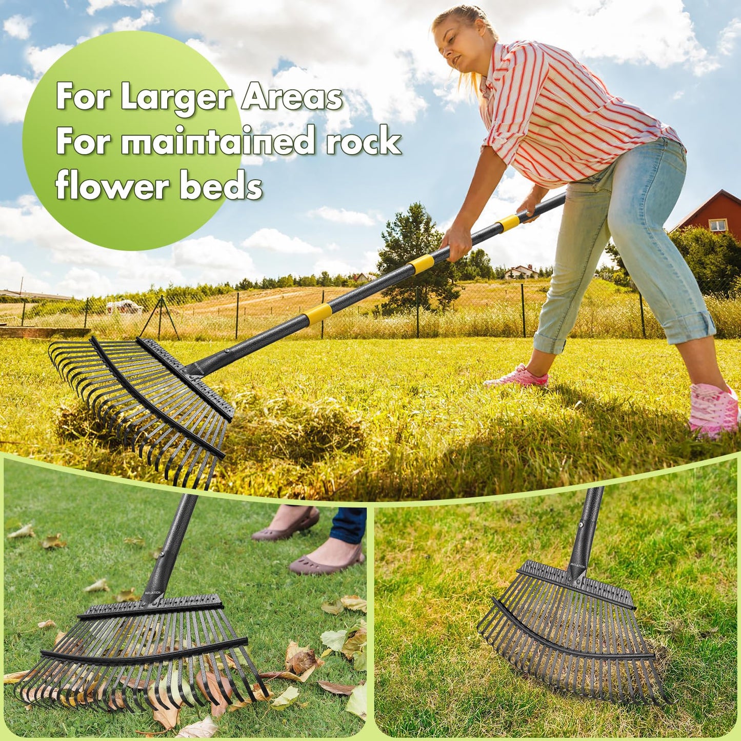 INFLATION Garden Rake for Leaves Heavy Duty Women Men Grandpas for Lawns,79” Length 18” Width Adjustable 25 Tines Sturdy Metal Yard Leaf Rakes with Non-Slip Comfortable Smooth Long Handle