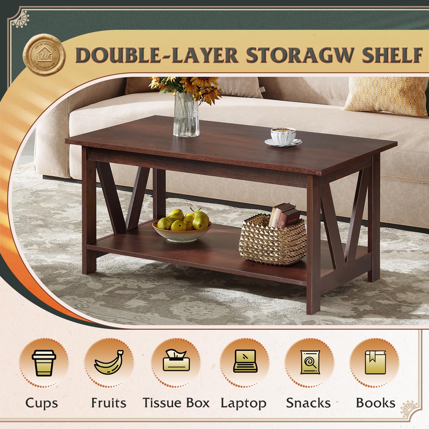 WLIVE Coffee Table with Storage Shelf, 39.4" Farmhouse Coffee Table with V-Frame Support, 2-Tier Wood Rustic Center Table for Living Room, Bedroom & Balcony, Espresso