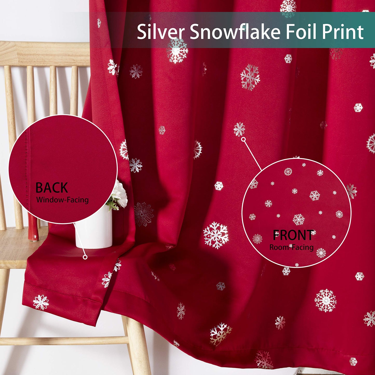 LORDTEX Snowflake Foil Print Christmas Curtains for Living Room and Bedroom - Thermal Insulated Blackout Curtains, Noise Reducing Window Drapes, 52 x 84 Inches Long, Red, Set of 2 Curtain Panels