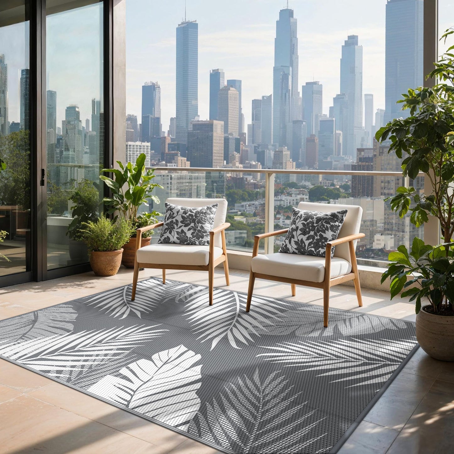 sarben Outdoor Rug 8’x10’ Waterproof for Patio Clearance, Reversible Indoor Outdoor Plastic Straw Camping Rug Carpet, RV Mat, Large Area Rug for Deck, Backyard, Balcony, Porch, Beach, Grey & White