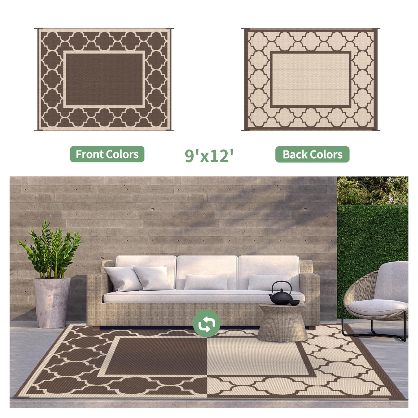 GENIMO 9' x 12' Outdoor Rug Waterproof for Patio Decor, Foldable Reversible Plastic Straw Area Rugs Mat for Camper, Outside Carpet for Rv, Deck, Porch, Picnic, Beach, Balcony, Coffee & Beige