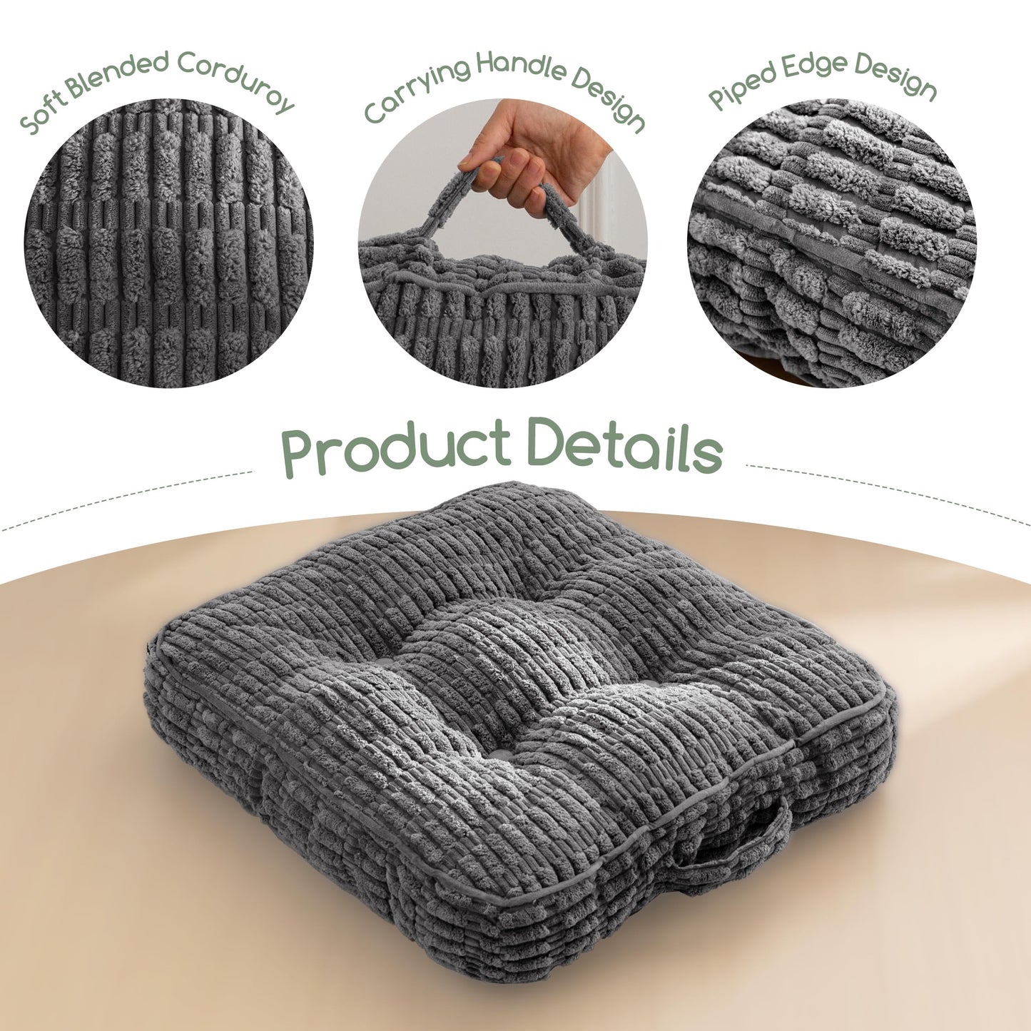 Washable Floor Pillow Cushion for Adults, Meditation Cushion Pillow, Removable Tufted Blended Corduroy Cover, Large Square Floor Sitting for Tatami Living Room or Yoga, 22x22 Inch, Machine Washable