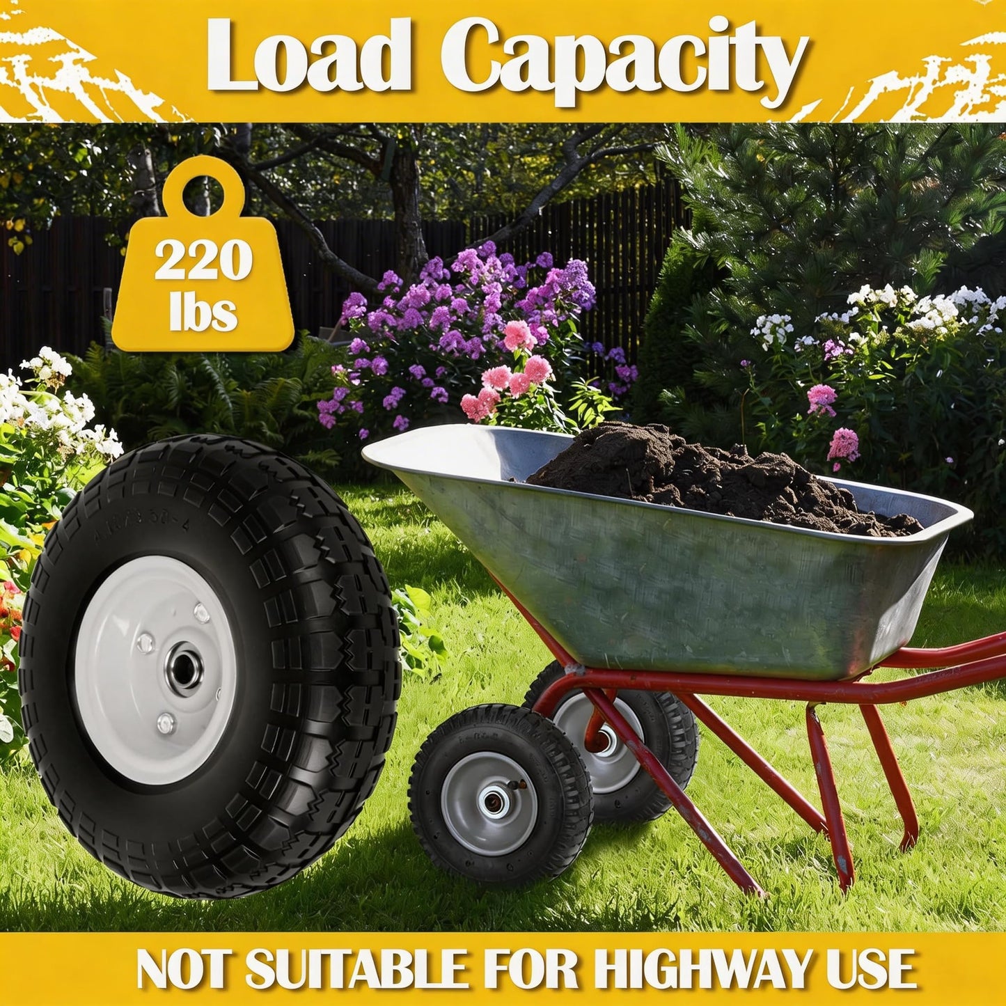 4.10/3.50-4 Tire and Wheel Flat Free, 10" Solid Tire 220LB Capacity Each, with 5/8" Bearings and 2.1" Offset Hub, for G orilla Cart, Garden Cart, Trailer, Dolly, Hand Truck, Wagon, 4 Pack, Silver