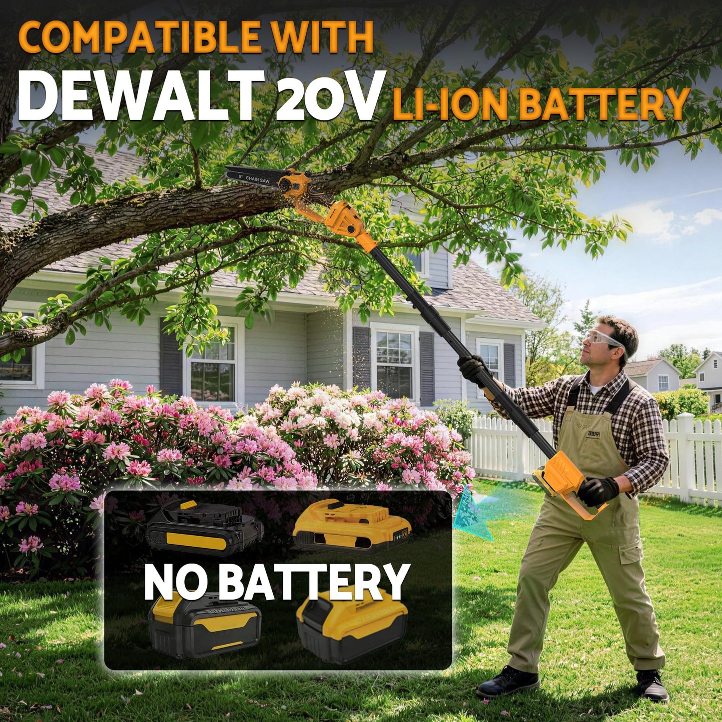 8 Inch Cordless Pole Saw Compatible with Dewalt 20V Battery, Brushless Mini Chainsaw with Extension Pole 14.2 FT Max, Pole Saws for Tree Trimming, 20 FT/S Cutting speed Auto Lubrication System
