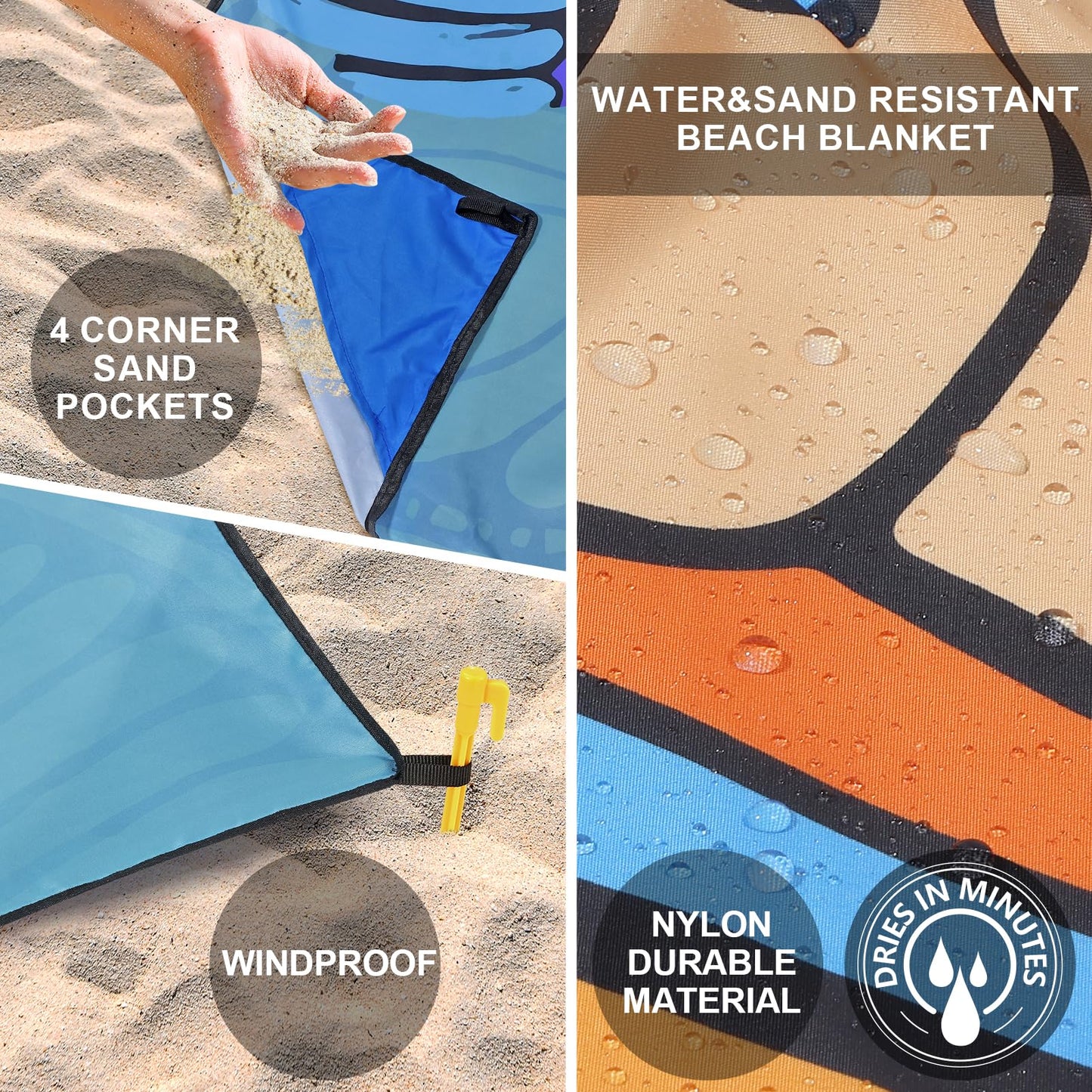 Beach Blanket Waterproof Sandproof Beach Mat 79" X 83"/10'x9'for 2-8 Adults Quick Drying Outdoor Picnic Mat Beach Accessories for Travel, Camping, Hiking