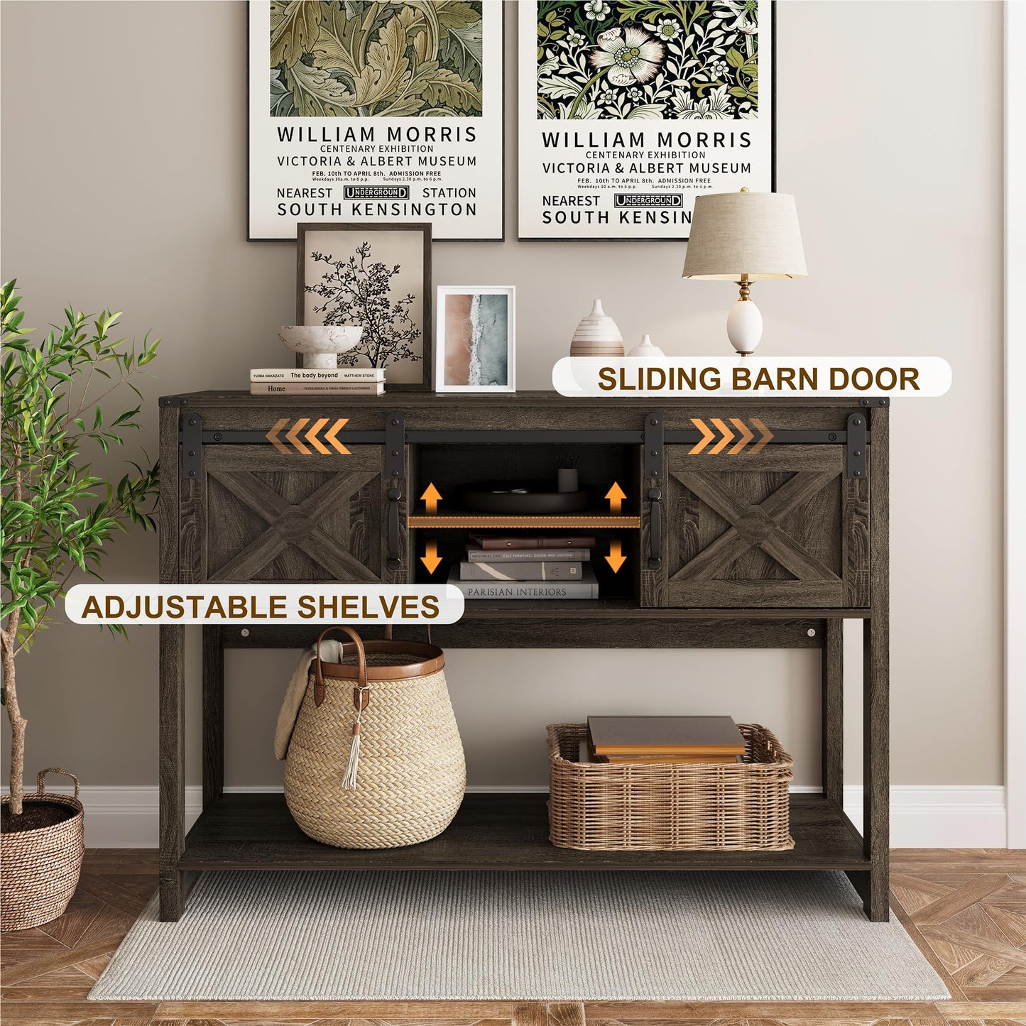 RoyalCraft Console Table with Storage Shelf & Sliding Barn Door, Farmhouse Entryway Table with Storage, 46" Narrow Long Sofa Table, Behind Couch Table, Console Tables for Living Room, Entryway, Foyer